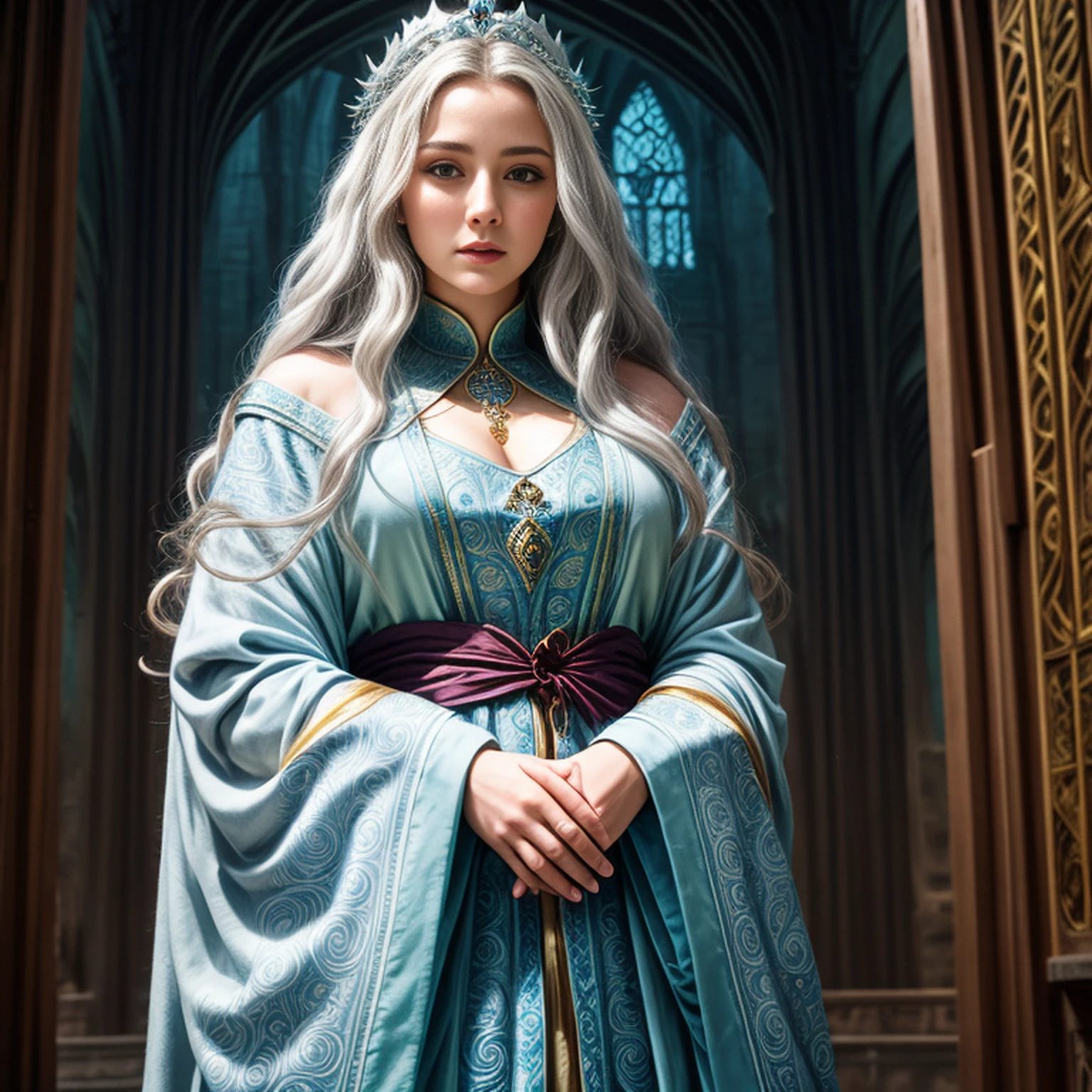 ((Fantasy Setting)), ((Natural Lighting)), ((Hand Painted Style)), good hands, clear eyes, sharp pupils, trees, 5fingers, natural hair color, award photography, intricate, detailed, stunning, fine details, highly detailed person, sensual, evocative, extremely detailed eyes and face, extremely detailed clothes, in the style of studio ghibli, noble lady, mage, long hair, robes adorned with swirling patterns, 

Archmage Elara is the esteemed leader of the Council of the Wise and a master of elemental magic. With her long silver hair and robes adorned with swirling patterns, she radiates power and wisdom. Elara possesses a deep understanding of ancient spells and rituals, and her guidance is sought in matters of arcane governance and the balance of magical forces