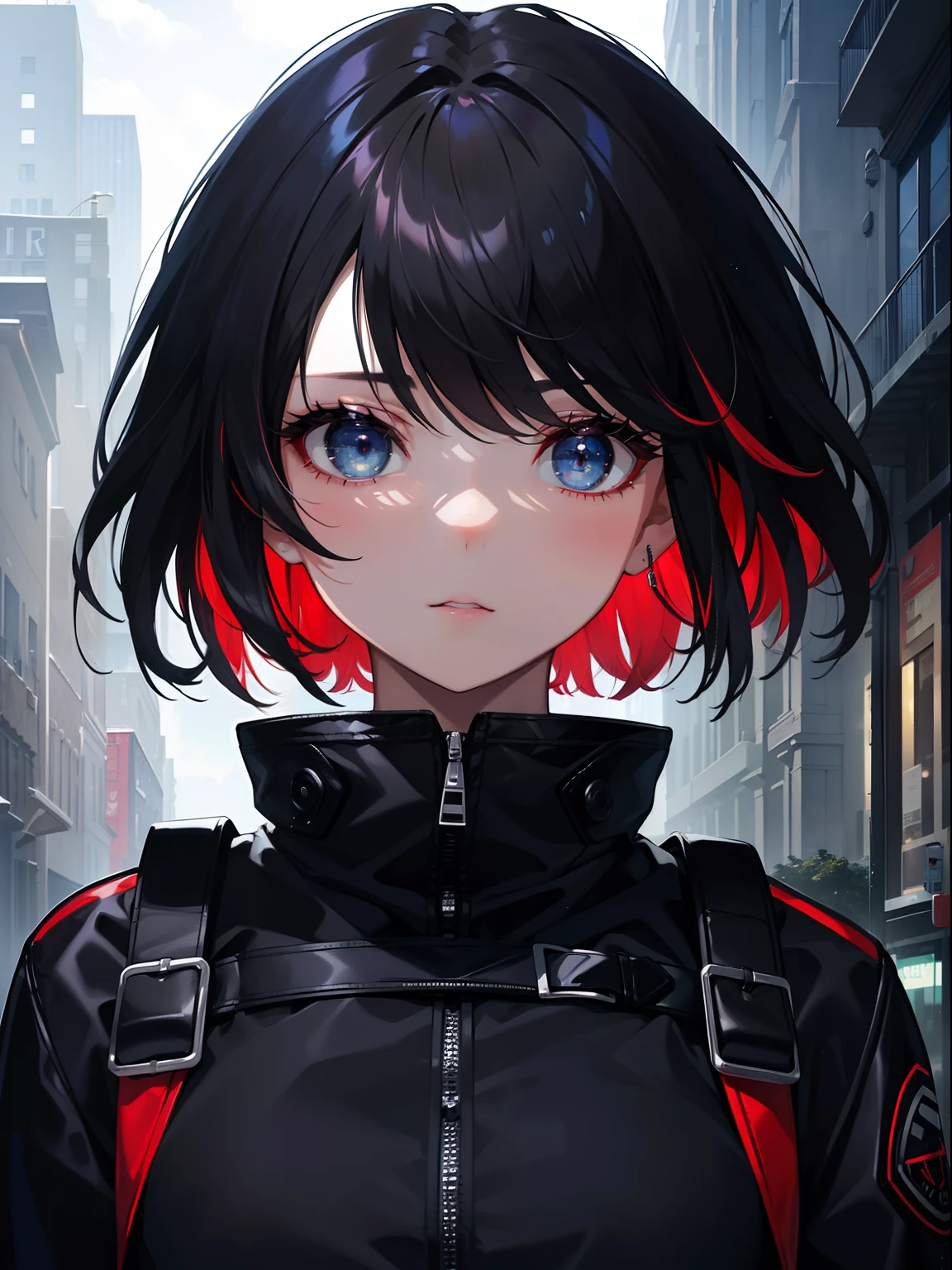 (Masterpiece, Best quality, ultra high resolution),1girl,short hair,black hair,jacket,(multicolor jacket,red,blue,black),looking at the viewer,focus on the girl,cloudy sky,beautiful and detailed face, detailed eyes,grey theme