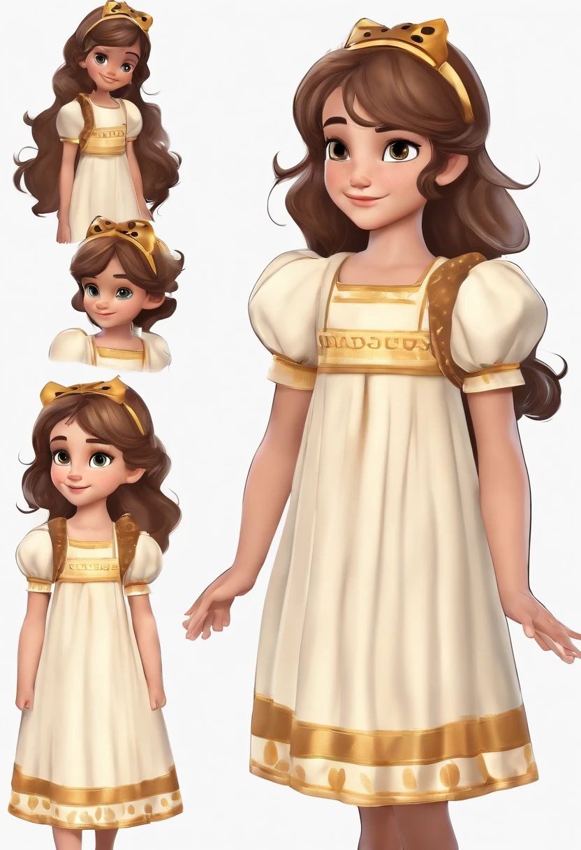 a child character with long brown hair and bangs, golden eyes and wearing a child's dress and brown boots, different angles, in the style of Miraculous Ladybug, character sheet, white background --ar 4:2, character poses