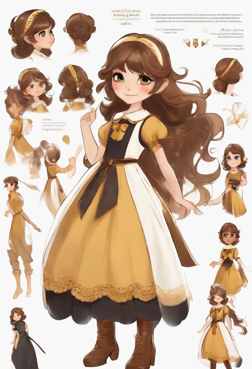 a character with long brown hair and bangs, golden eyes and wearing a childess and brown boots, different angles, in the style of Miraculous Ladybug, character sheet, white background --ar 4:2, character poses