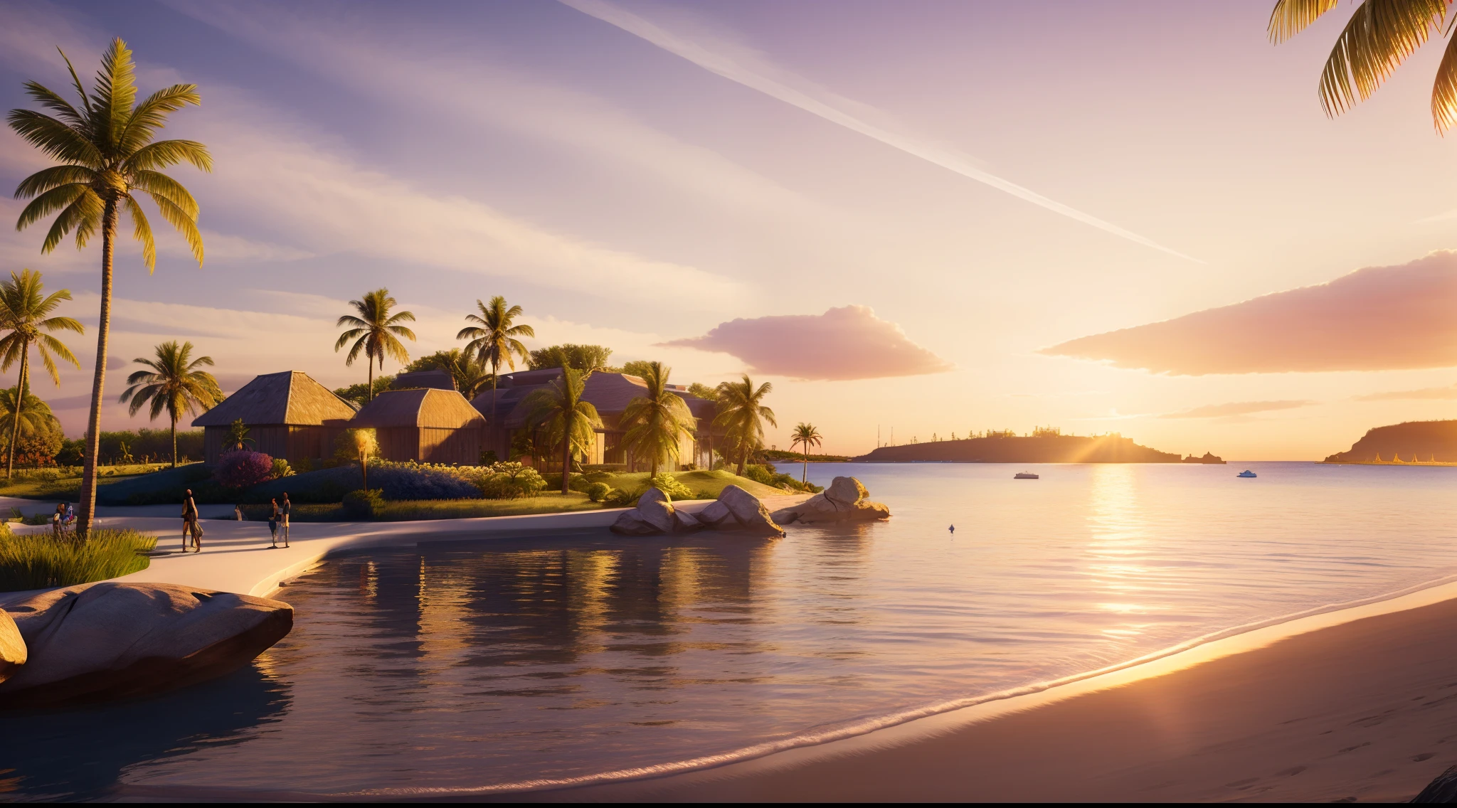 A paradise island, golden hour, masterpiece, HDR, UHD, 64K, highly detailed, professional photography, trending on artstation, unreal engine, vivid colors, high resolution scanning