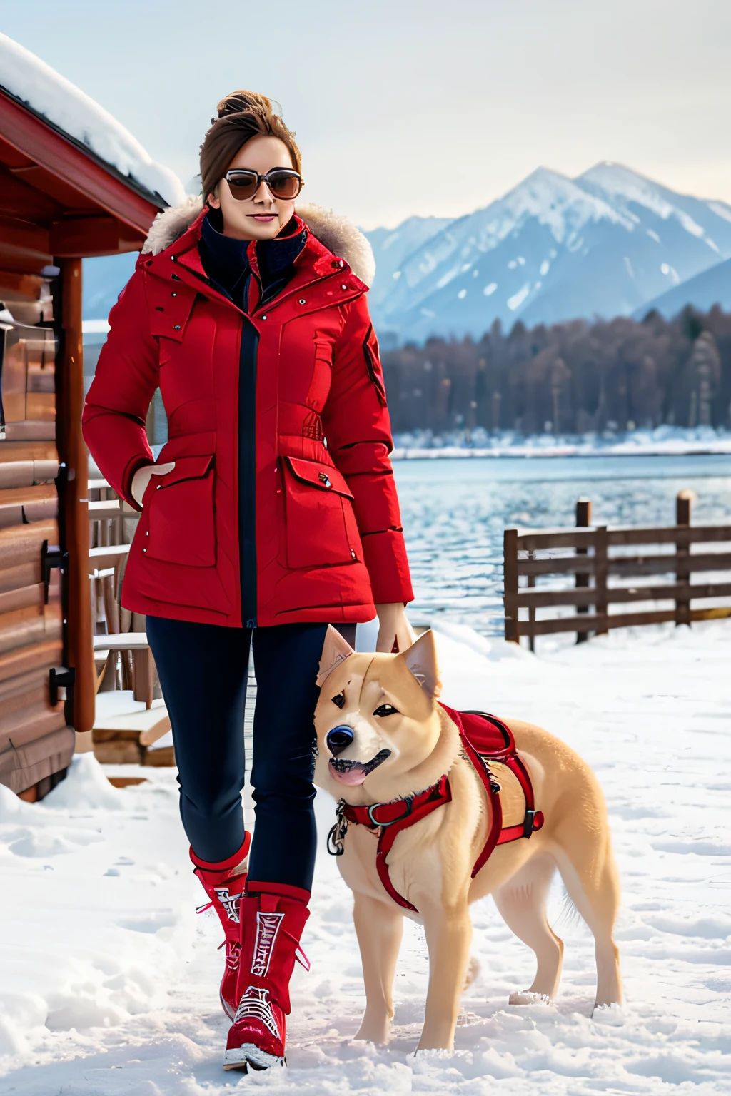Make a woman with big breast, Red long winterjacket , with open zipper, with face, body, Lakeside house, travel bag, dog, Nude