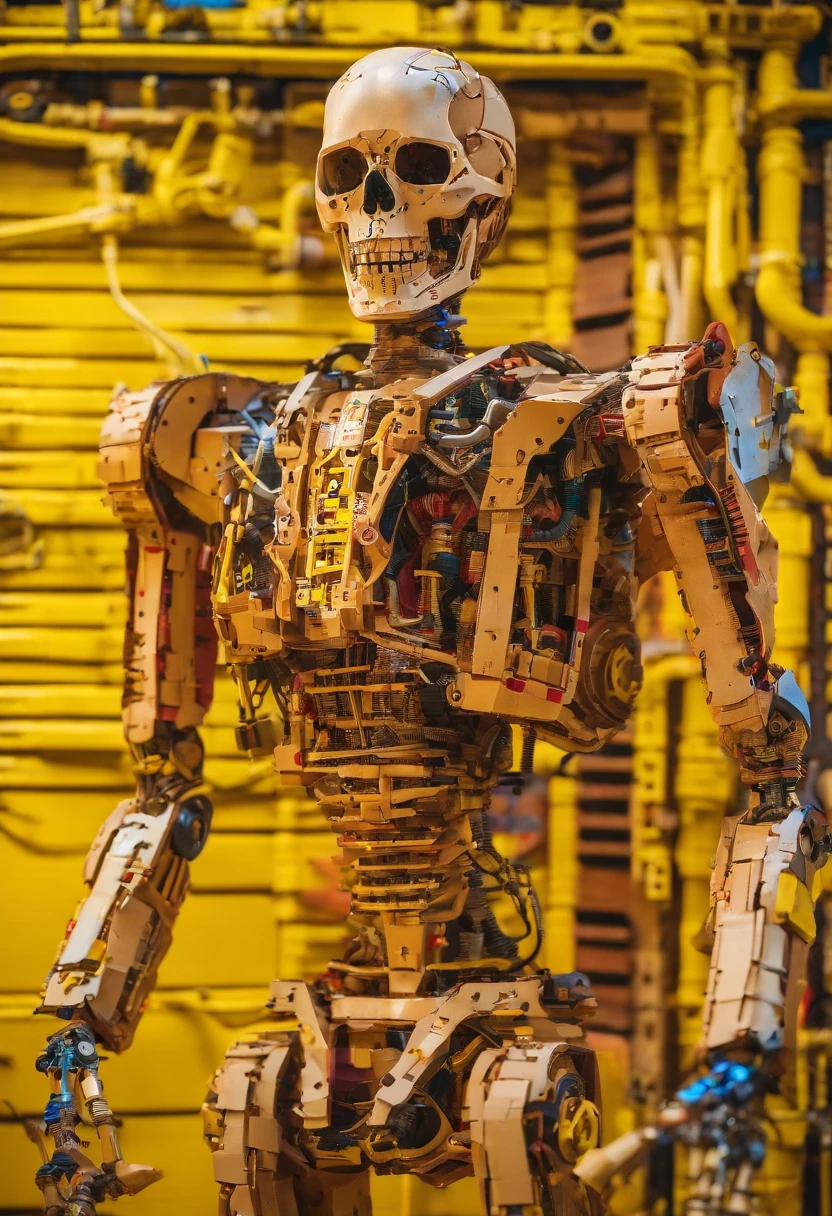 A close-up view of a T800 robot on a stand against a bright yellow wall catches the eye. The robot, made up of jet parts, displays an intricate mechanical body with humanoid details and perfect symmetry. The T800's futuristic, robotic design, created entirely from Lego bricks, reveals its endoskeleton and mechanical parts, showing an intricate mechanical body. This humanoid mega-robot, made from recycled cardboard and interlocking pieces, comes to life in a realistic and detailed photographic image.

The passage then shifts focus to the drawing of a skeletal figure with a bony head and arms. The fleshy skeleton is represented as being thin and bony, while the other figure presents a more robust and muscular skeletal structure, with extra pieces of flesh. This anatomically correct skeleton, with an exposed rib cage and bony structure, is represented as a male figure.