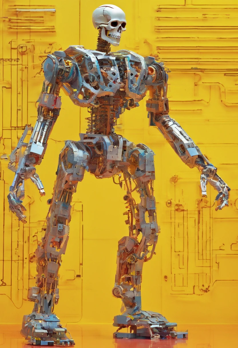 A close-up view of a T800 robot on a stand against a bright yellow wall catches the eye. The robot, made up of jet parts, displays an intricate mechanical body with humanoid details and perfect symmetry. The T800's futuristic, robotic design, created entirely from Lego bricks, reveals its endoskeleton and mechanical parts, showing an intricate mechanical body. This humanoid mega-robot, made from recycled cardboard and interlocking pieces, comes to life in a realistic and detailed photographic image.

The passage then shifts focus to the drawing of a skeletal figure with a bony head and arms. The fleshy skeleton is represented as being thin and bony, while the other figure presents a more robust and muscular skeletal structure, with extra pieces of flesh. This anatomically correct skeleton, with an exposed rib cage and bony structure, is represented as a male figure.