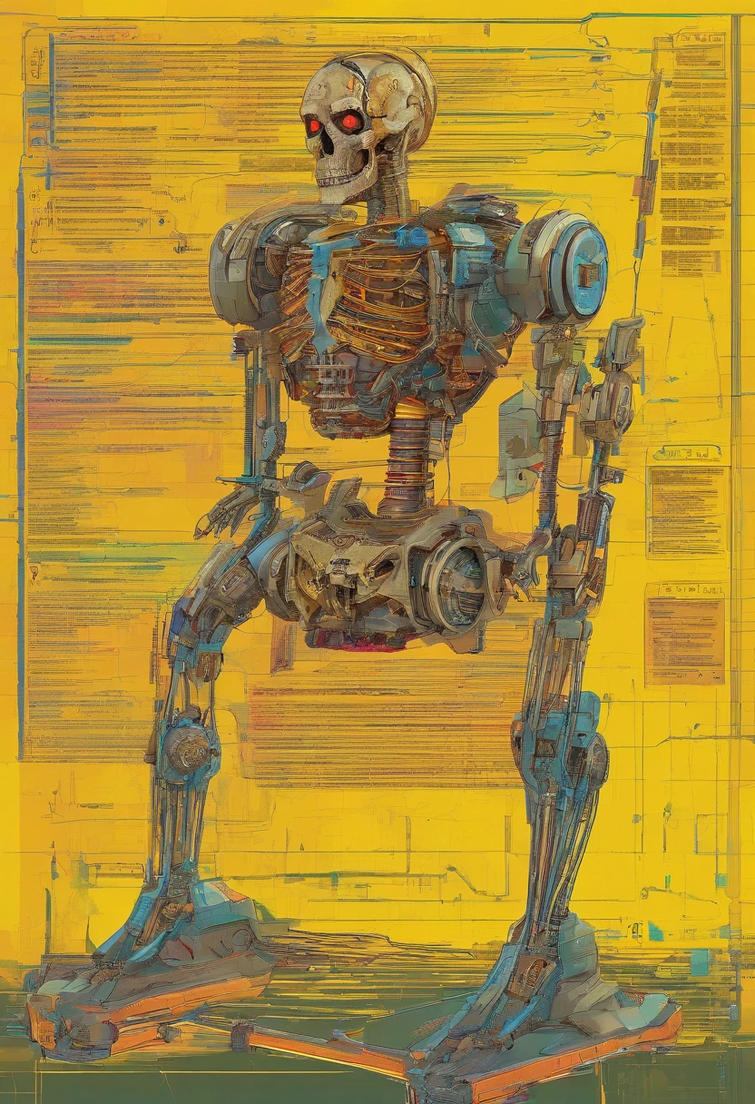 A close-up view of a T800 robot on a stand against a bright yellow wall catches the eye. The robot, made up of jet parts, displays an intricate mechanical body with humanoid details and perfect symmetry. The T800's futuristic, robotic design, created entirely from Lego bricks, reveals its endoskeleton and mechanical parts, showing an intricate mechanical body. This humanoid mega-robot, made from recycled cardboard and interlocking pieces, comes to life in a realistic and detailed photographic image.
The passage then shifts focus to the drawing of a skeletal figure with a bony head and arms. The fleshy skeleton is represented as being thin and bony, while the other figure presents a more robust and muscular skeletal structure, with extra pieces of flesh. This anatomically correct skeleton, with an exposed rib cage and bony structure, is represented as a male figure.