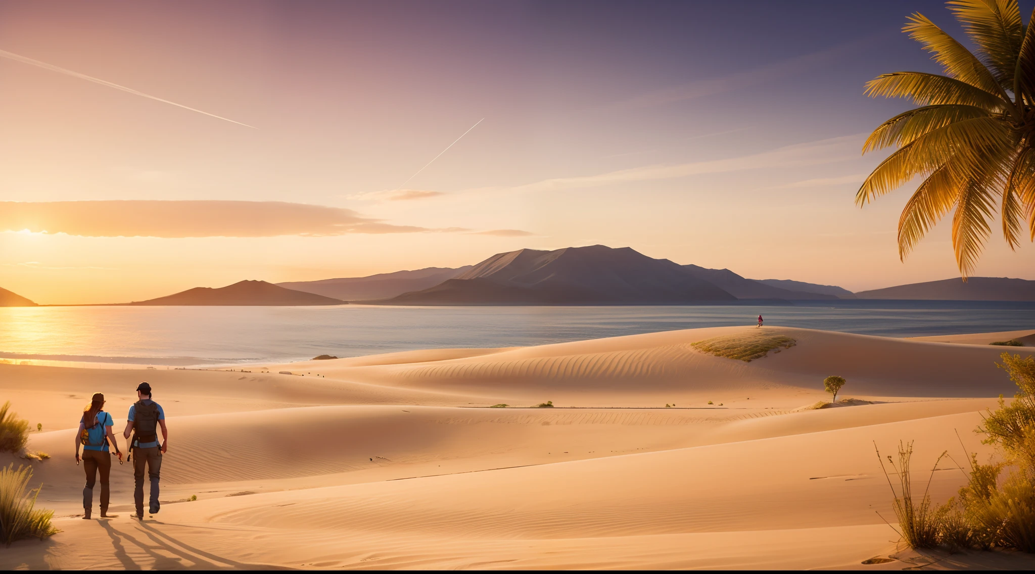 A happy woman on desert island, golden hour, masterpiece, HDR, UHD, 64K, highly detailed, professional photography, trending on artstation, unreal engine, vivid colors, high resolution scanning