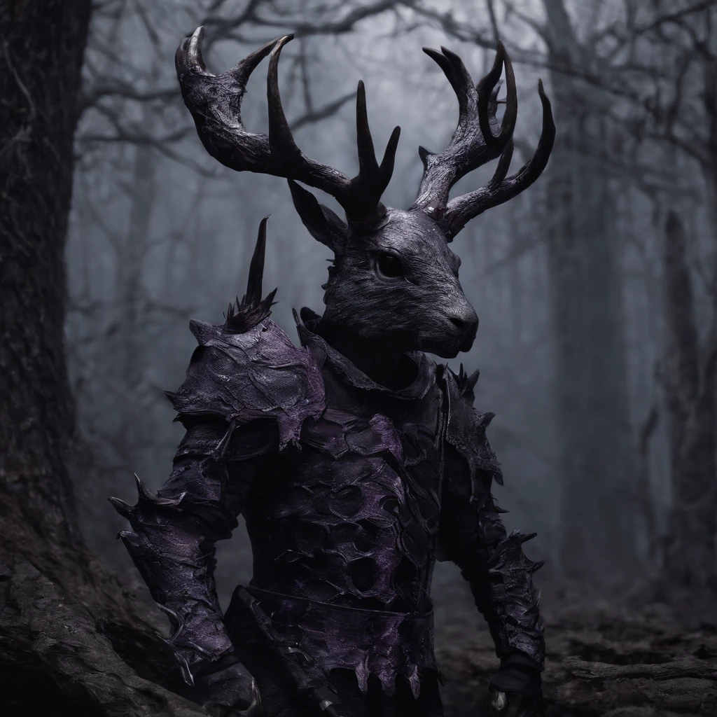 Knight Jackalope, short purple hair, jackalope antlers, dark armor(masterpiece, best quality)
