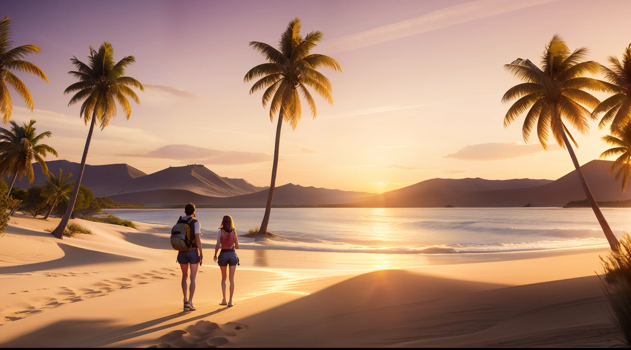 A happy woman on desert island, golden hour, masterpiece, HDR, UHD, 64K, highly detailed, professional photography, trending on artstation, unreal engine, vivid colors, high resolution scanning