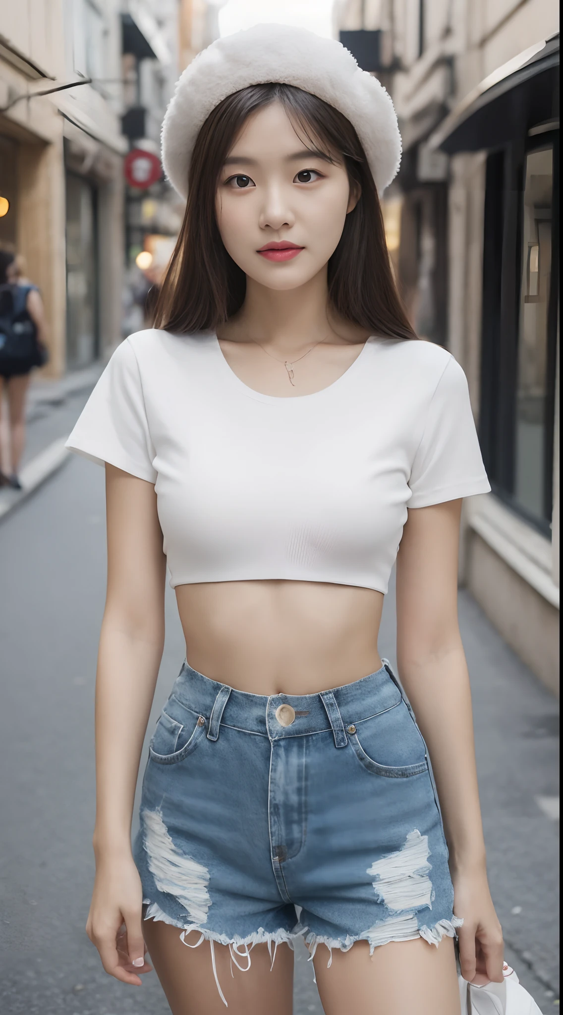 ((Best Quality, 8K, Masterpiece: 1.3)), (Flower Cap: 1.3), Focus: 1.2, Perfect Body Beauty: 1.4, Buttocks: 1.2, (Layered Haircut: 1.2)), (Dark Street: 1.3), Highly Detailed Face and Skin Texture, Full Body, Delicate Eyes, Double Eyelids, Whitened Skin, Long Hair, (Round Face: 1.5), (Loose Crop Top, Shorts: 1.6)