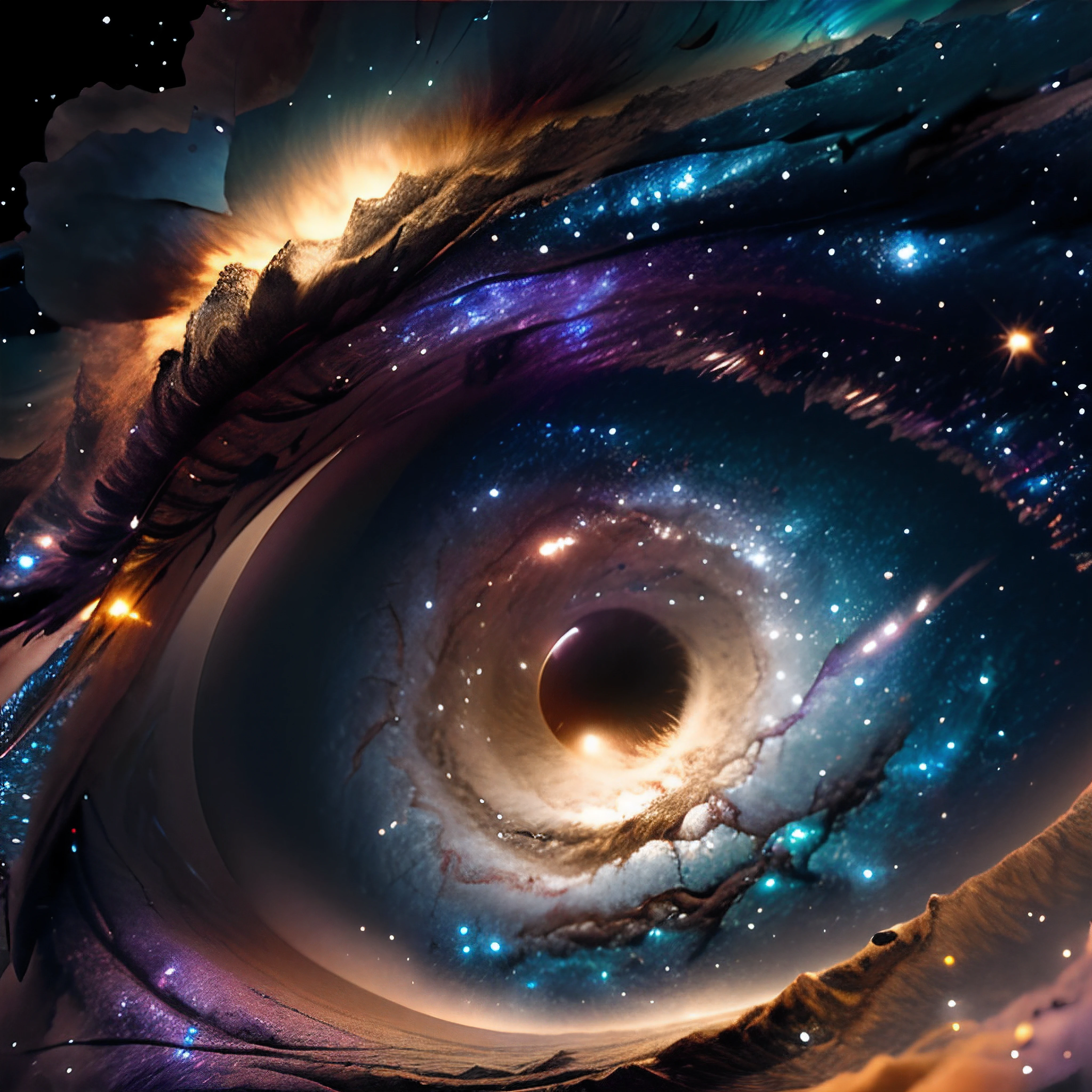 obra-prima, clear, ultra detalhado, 8k, Eyes made by the Milky Way, The middle of the eye is a black hole equal to interstellar film, (formato do olho humano), ((luz esmaecida suave)), Viewing angle, melhor qualidade, esmaecido, (alta fundo detalhado: 1.2), 8k uhd, dslr, soft-lighting, alta qualidade, grain of film, Fujifilm XT3, detalhes complexos,