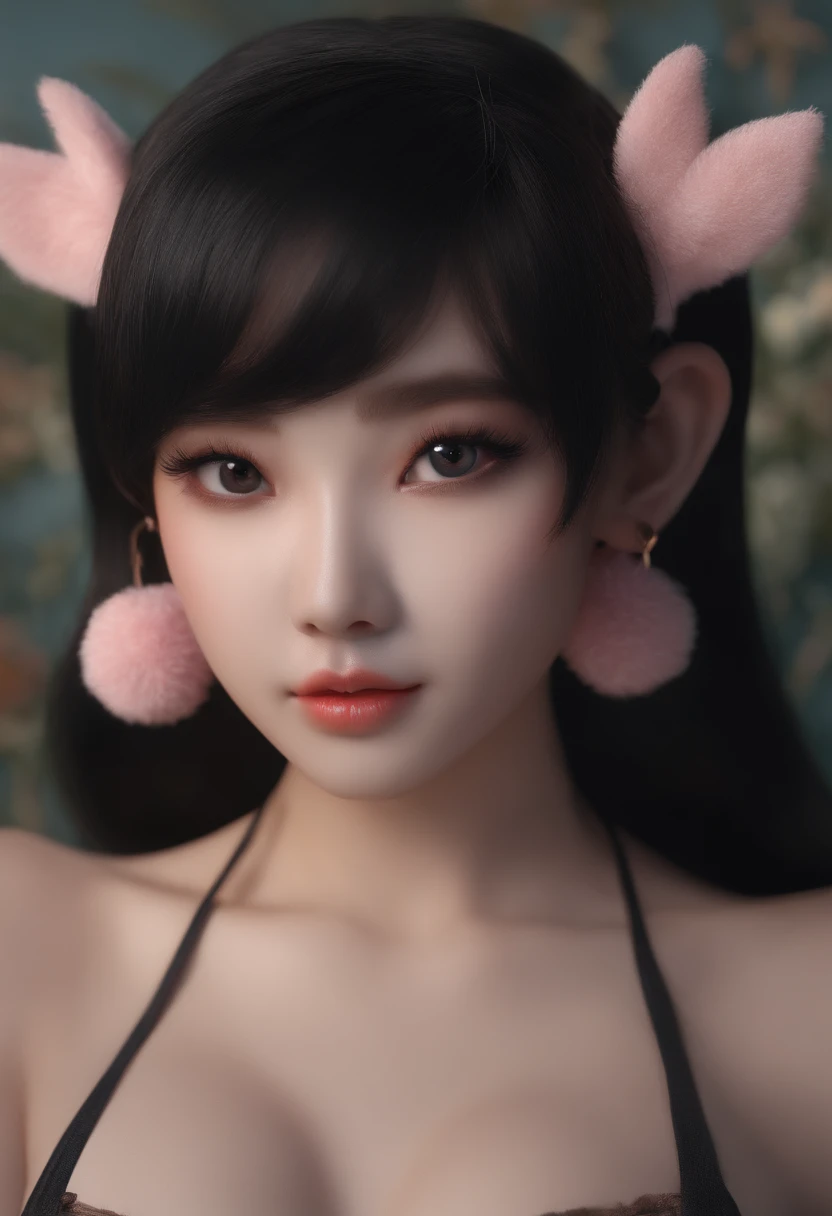 black hair, hair bobbles, wince, longeyelashes, solid circle eyes, fake animal ears, light smile, ear blush, fang, Surrealism, drop shadow, anaglyph, stereogram, tachi-e, pov, atmospheric perspective, 8k, super detail, ccurate, best quality