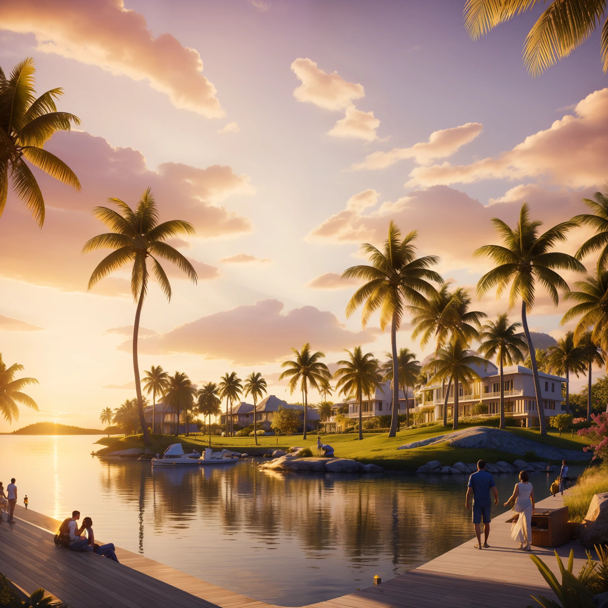 A happy man and woman on a paradise island, golden hour, masterpiece, HDR, UHD, 64K, highly detailed, professional photography, trending on artstation, unreal engine, vivid colors, high resolution scanning