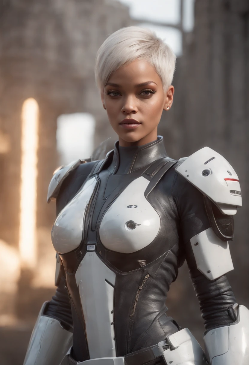 Rihanna, beautiful singer, a close up of a woman in a silver bodysuit posing, cyborg - girl with silver hair, retrofuturistic female android, beautiful female android!, perfect android girl, beautiful cyborg girl pinup, beautiful female android, in white futuristic armor, fashionable futuristic woman, beautiful android woman, perfect white haired girl, scifi woman, white haired lady, cute cyborg girl, echo from overwatch
