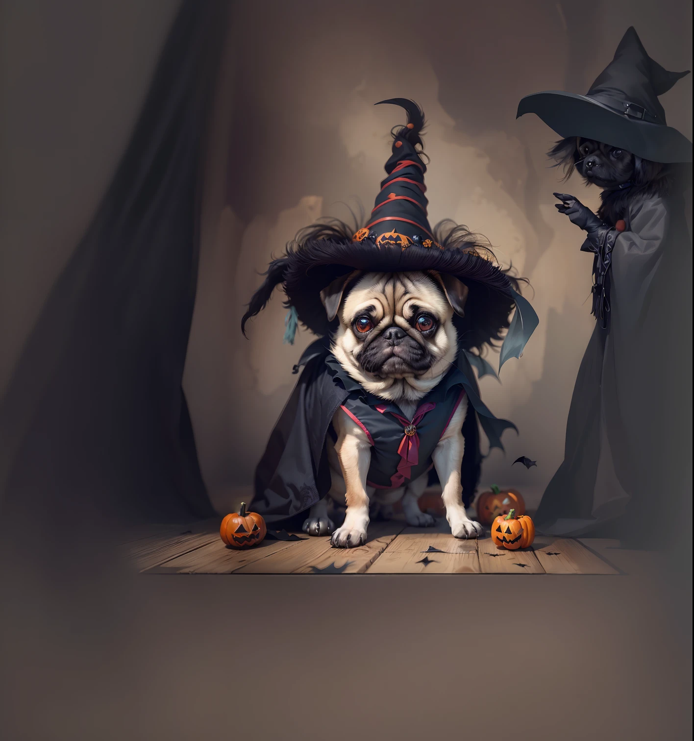 araffe dressed up as a witch with a hat and cape, evil pug, in a halloween style, wearing a witch hat, portrait shot, scarry but bewitching, witchy, wearing black witch hat, wearing a fancy dress, witch, middle-aged witch, classical witch, halloween, shutterstock, witch hat, witch's hat, pug