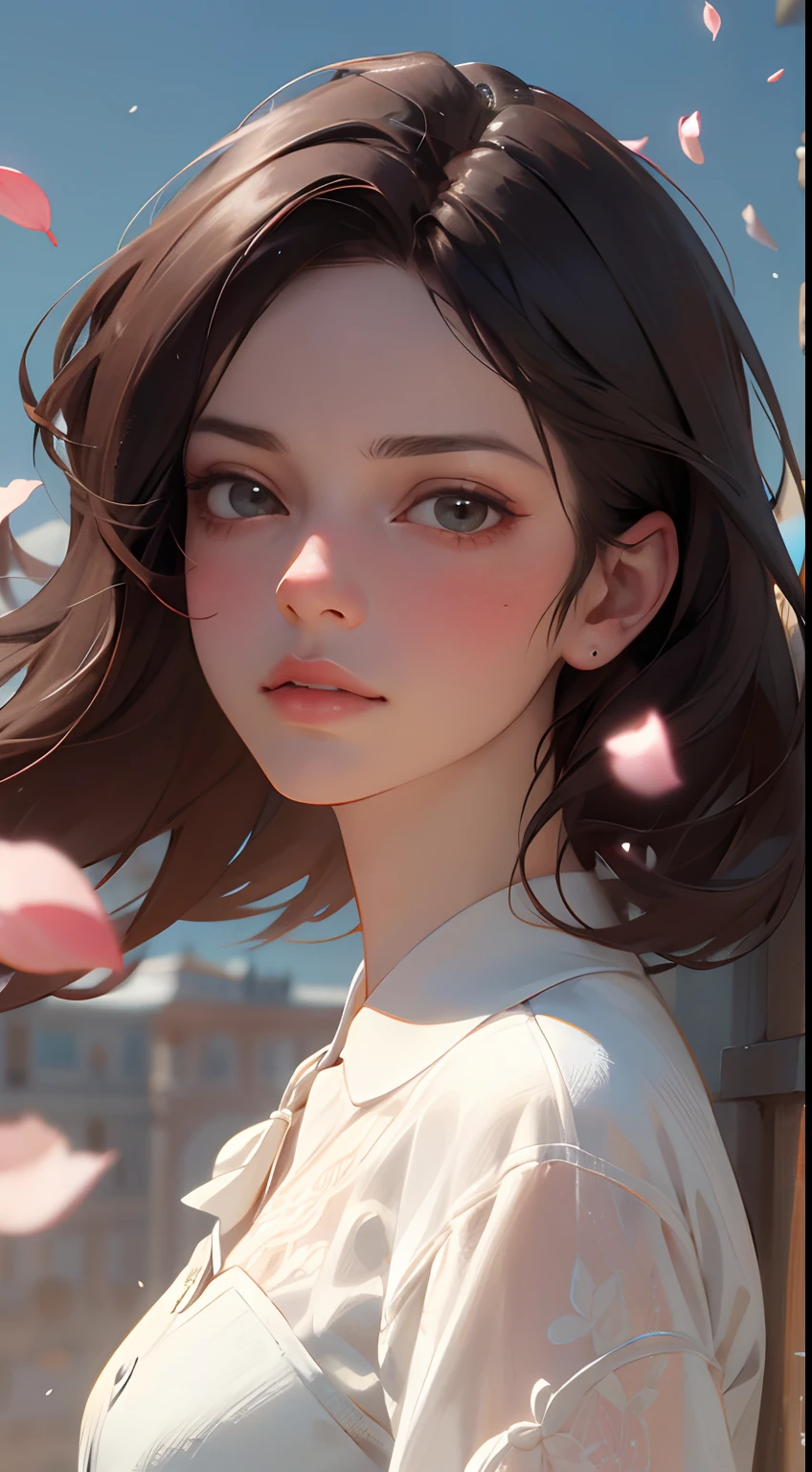 (Best quality, Masterpiece, ultra-realistic), 1 beautiful and delicate portrait of a girl, Ludique et mignon, with floating petals in the background