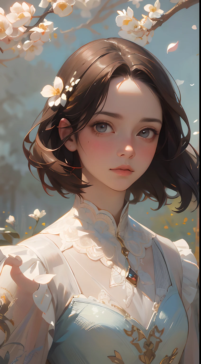 (Best quality, Masterpiece:1.2, ultra-realistic), 1 beautiful and delicate portrait of a girl, Ludique et mignon, with floating petals in the background, oil painting, extremely detailed eyes and face, Cils longs