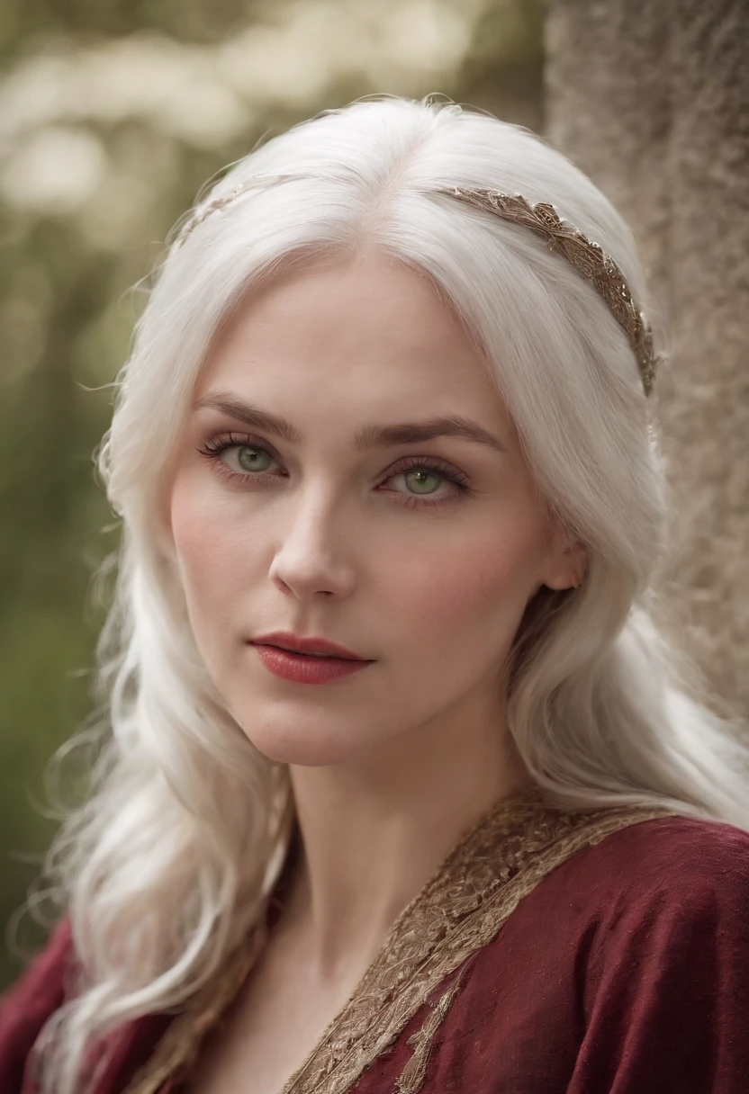 (((a deep reddish wound crosses her left cheek))) fair complexion, woman around 35 years old, natural white hair, distinctive green eyes, wearing kohl, slender and graceful, beautiful, candlelight in a medieval setting, ultra sharp focus, realistic shot, medieval female clothes, tetradic colors (scar:1.4)