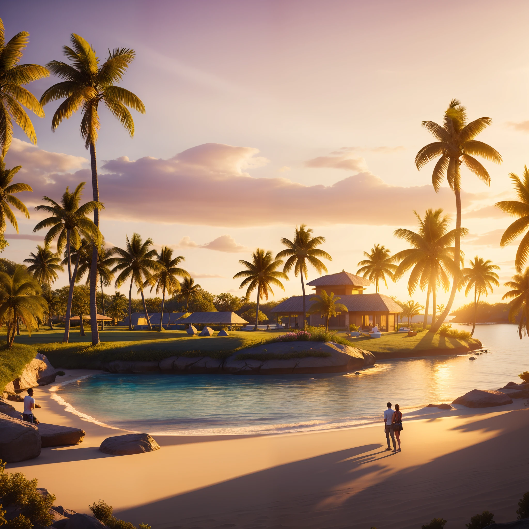 A happy man and woman on a paradise island, golden hour, masterpiece, HDR, UHD, 64K, highly detailed, professional photography, trending on artstation, unreal engine, vivid colors, high resolution scanning