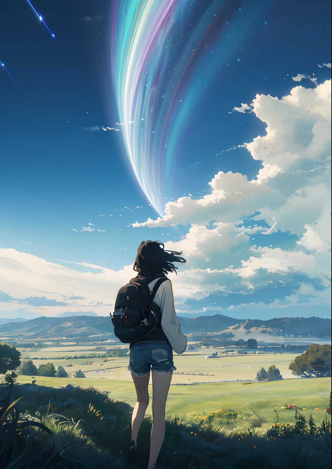 The vast sky, beautiful skyline, large grasslands, extremely tense and dramatic pictures, moving visual effects, the high-hanging Polaris, and colorful natural light. Long-sleeved top, denim shorts, and a girl with a backpack.