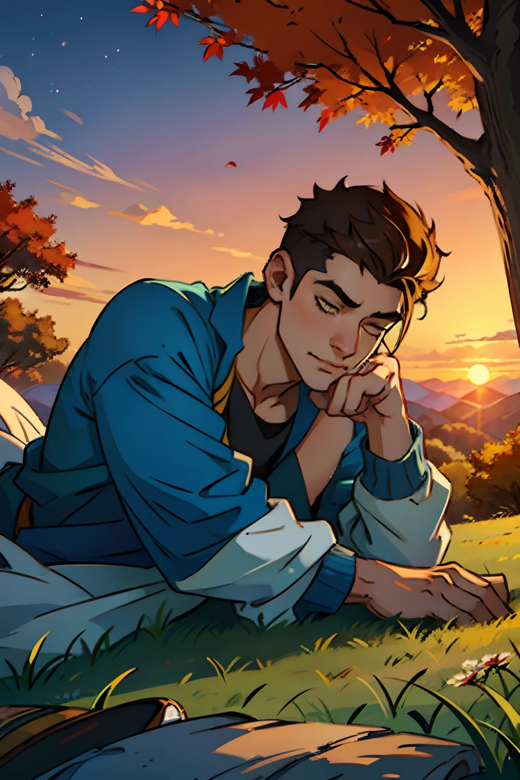 A lazy boy, laying down sleeping at the base of a tree, background is dusk, sunset, autumn, mood is inertia, slowness, character design.