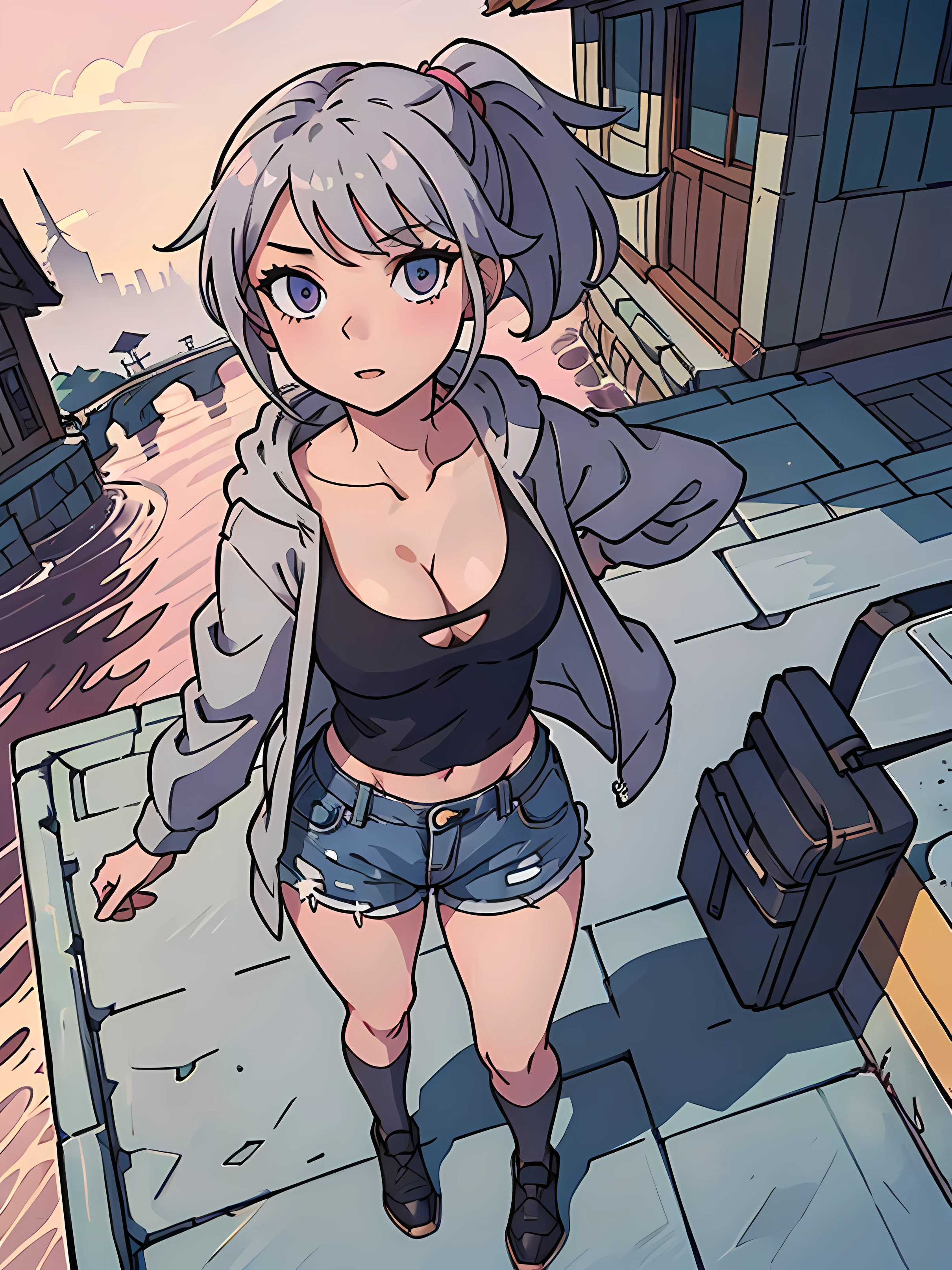 (best-quality:0.8), (best-quality:0.8), jeans shorts, black top, medium cleavage, artwork in the style of guweiz, sexy, mature body shape, perfect anime illustration, extreme  portrait of a pretty woman standing on village bridge, lofi, ponytail, grey hair with pink endings, amber eyes, smooth, detailed,  grey hoodie, 4k details, full body