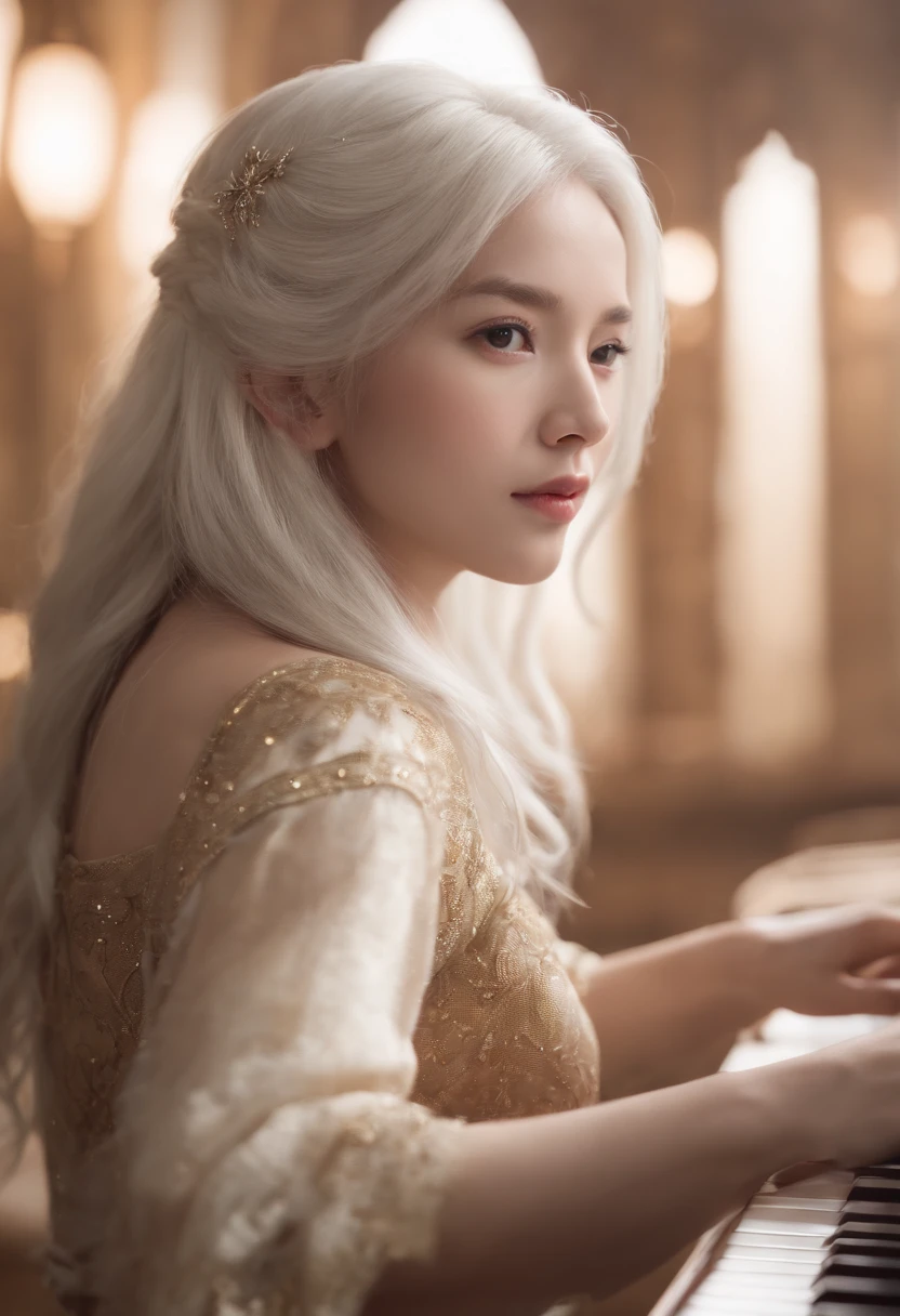 two girl, A girl holds a piano, A girl holds a lute, white hair, xianxia fantasy, CG social popularity, Chinese Tower, Prospect floats, Hair is scattered, motion blur, cinematic lighting, blurry foreground, motion lines, high details, 16k, highres, textured skin, super detail