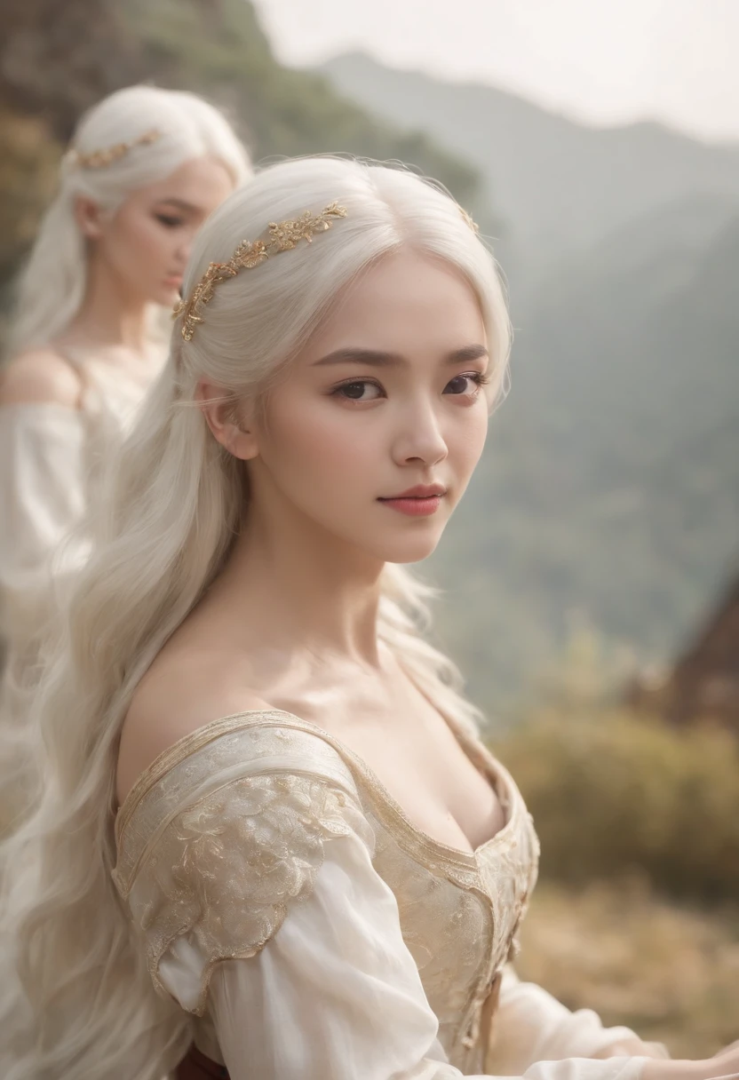 two girl, A girl holds a piano, A girl holds a lute, white hair, xianxia fantasy, CG social popularity, Chinese Tower, Prospect floats, Hair is scattered, motion blur, cinematic lighting, blurry foreground, motion lines, high details, 16k, highres, textured skin, super detail