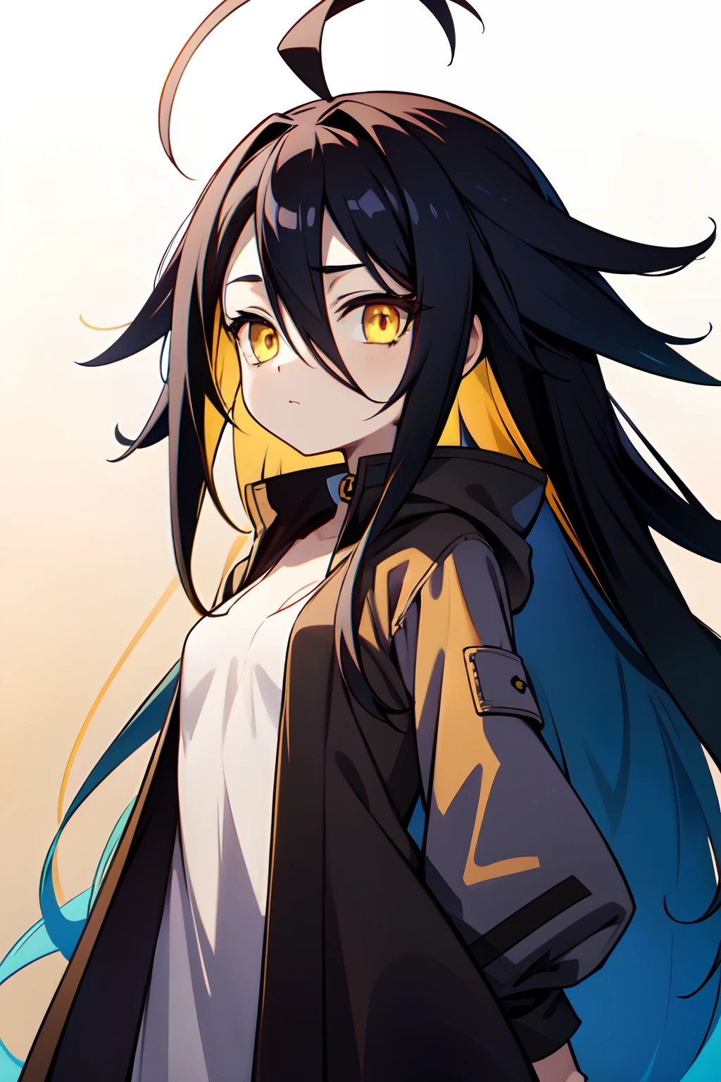 1girl, teen, solo, absurdly long hair, big hair, ahoge, hair bangs, hair between eyes, spiked hair, messy hair, (black hair, yellow hair, blue hair, gradient hair:1.2), neutral, inexpressive, (small breasts, ****:1.25), yellow eyes, loose coat, brown coat, long sleeves, arms behind back, pale skin, looking at viewer, standing, (upper body, face only), masterpiece, best quality, 4k