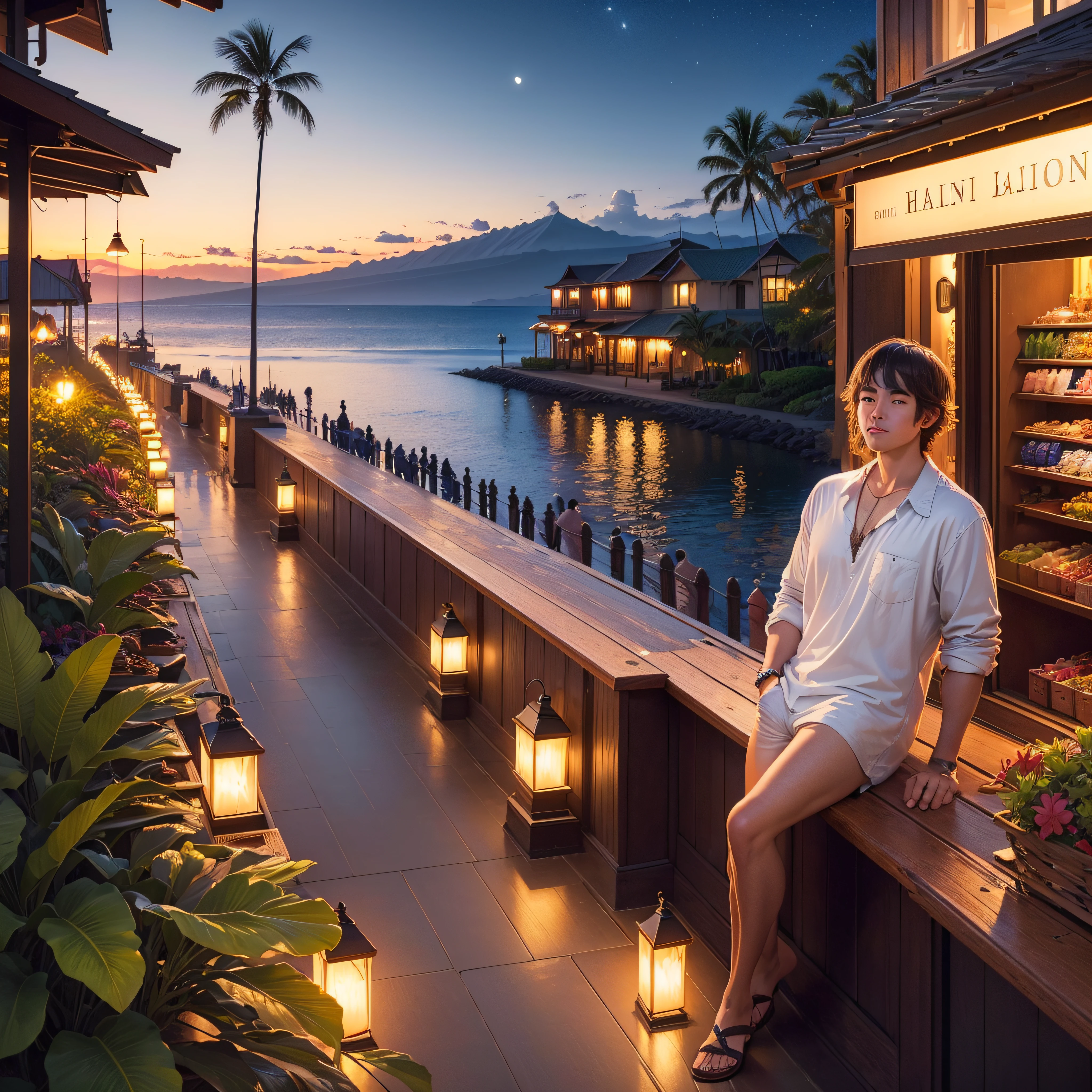 beautiful Hawaii, Lahaina ocean, boats Stores, Galeries, are in view the moon is full night(best qualtiy，ultra - detailed, Illustration，Best shadow，masterpiece，A high resolution，professional artwork，famous artwork, In the style of Christian Riese Lassen Hawaii Artist