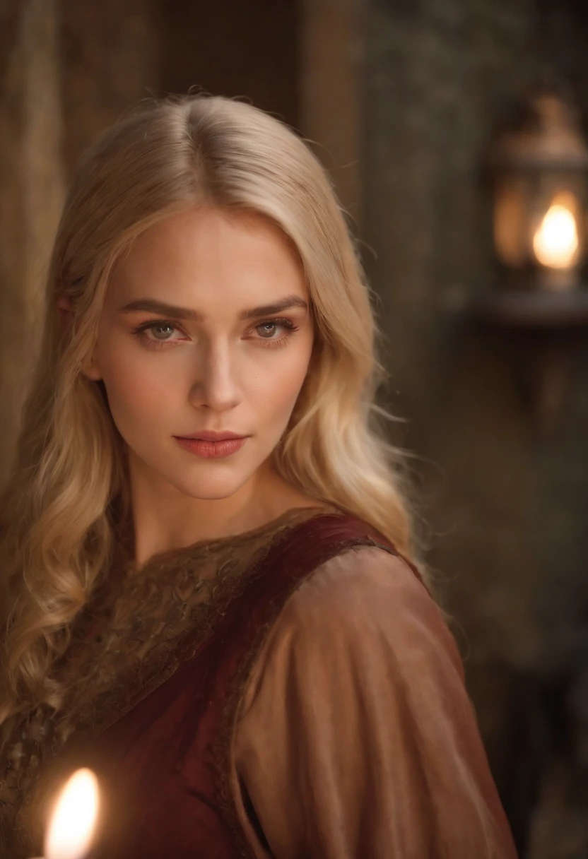 godess, woman around 26 years old, blonde, distinctive brown eyes, wearing kohl, slender and graceful, beautiful, candlelight in a medieval setting, ultra sharp focus, realistic shot, medieval female clothes, tetradic colors (scar:1.4)