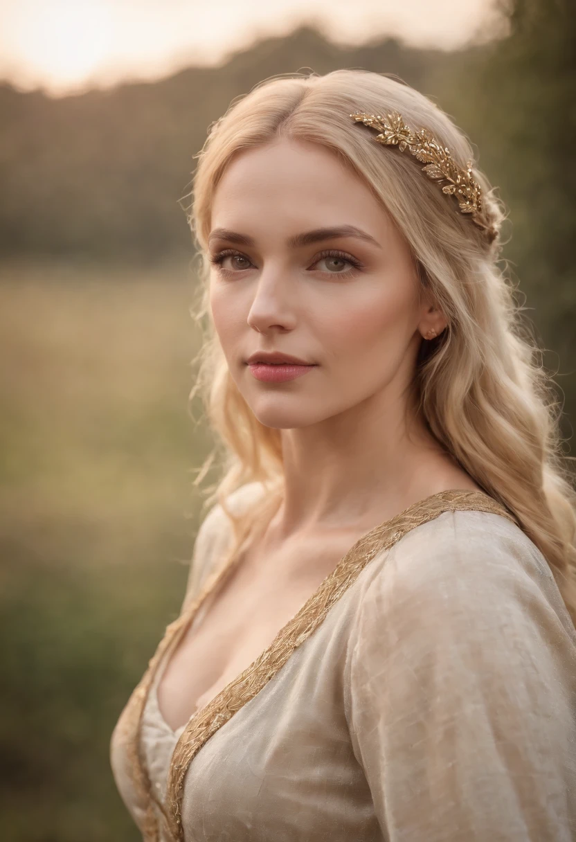 godess, woman around 26 years old, blonde, distinctive brown eyes, wearing kohl, slender and graceful, beautiful, candlelight in a medieval setting, ultra sharp focus, realistic shot, medieval female clothes, tetradic colors (scar:1.4)
