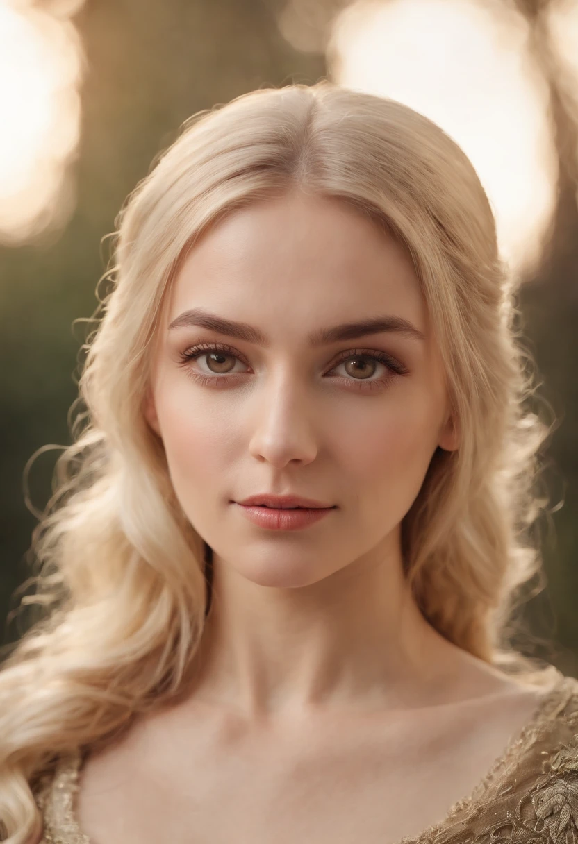 godess, woman around 26 years old, blonde, distinctive brown eyes, wearing kohl, slender and graceful, beautiful, candlelight in a medieval setting, ultra sharp focus, realistic shot, medieval female clothes, tetradic colors (scar:1.4)