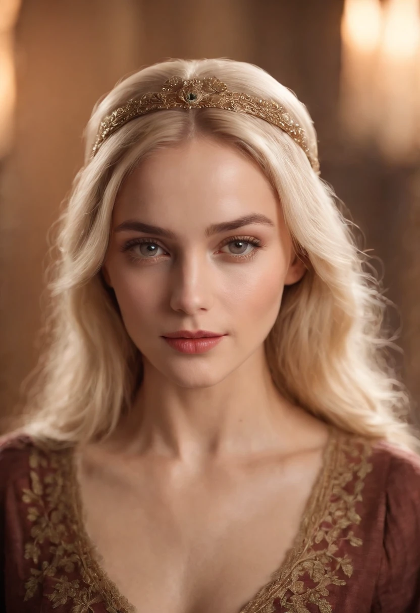 godess, woman around 26 years old, blonde, distinctive brown eyes, wearing kohl, slender and graceful, beautiful, candlelight in a medieval setting, ultra sharp focus, realistic shot, medieval female clothes, tetradic colors (scar:1.4)