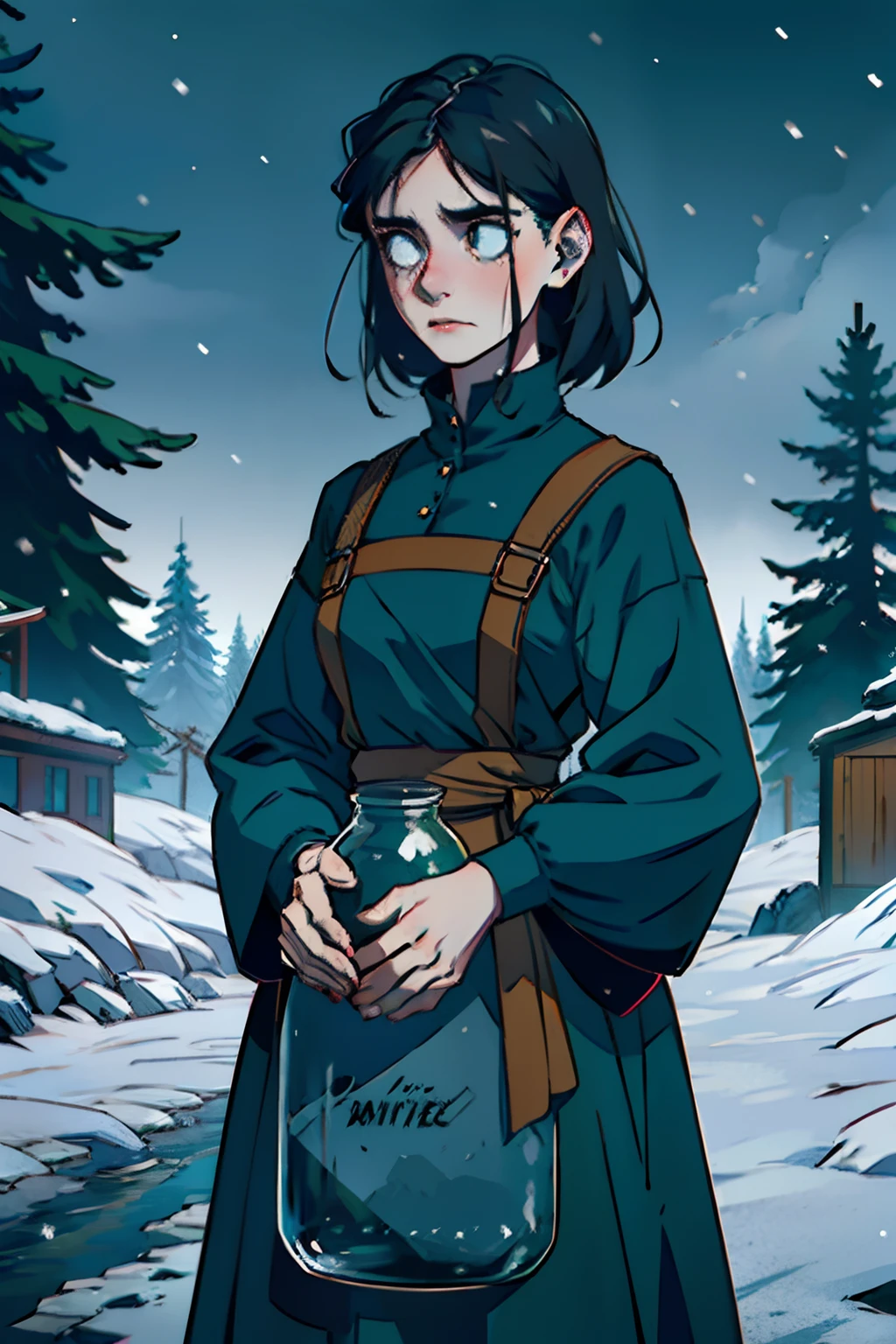 A spooky zombie girl with a dead stare, wearing a black pinafore dress, standing in the snow, holding an empty jar in her arms, background is wintery pine trees, dark eerie light, with an old tattered doll in the snow, mood is silent, sad, character design.