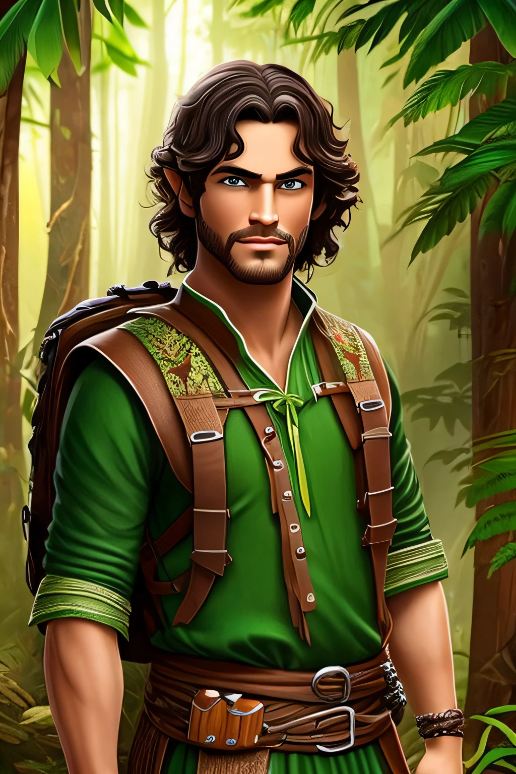 um elfo alto e esguio, with long, brown hair that is usually stuck in a braid. His eyes are a deep shade of green, refletindo sua afinidade com a natureza e o mundo ao seu redor. He wears light and practical clothes, suitable for your expeditions, geralmente em tons de verde e marrom. He carries a backpack with essential supplies and has an adventurous and confident appearance.
