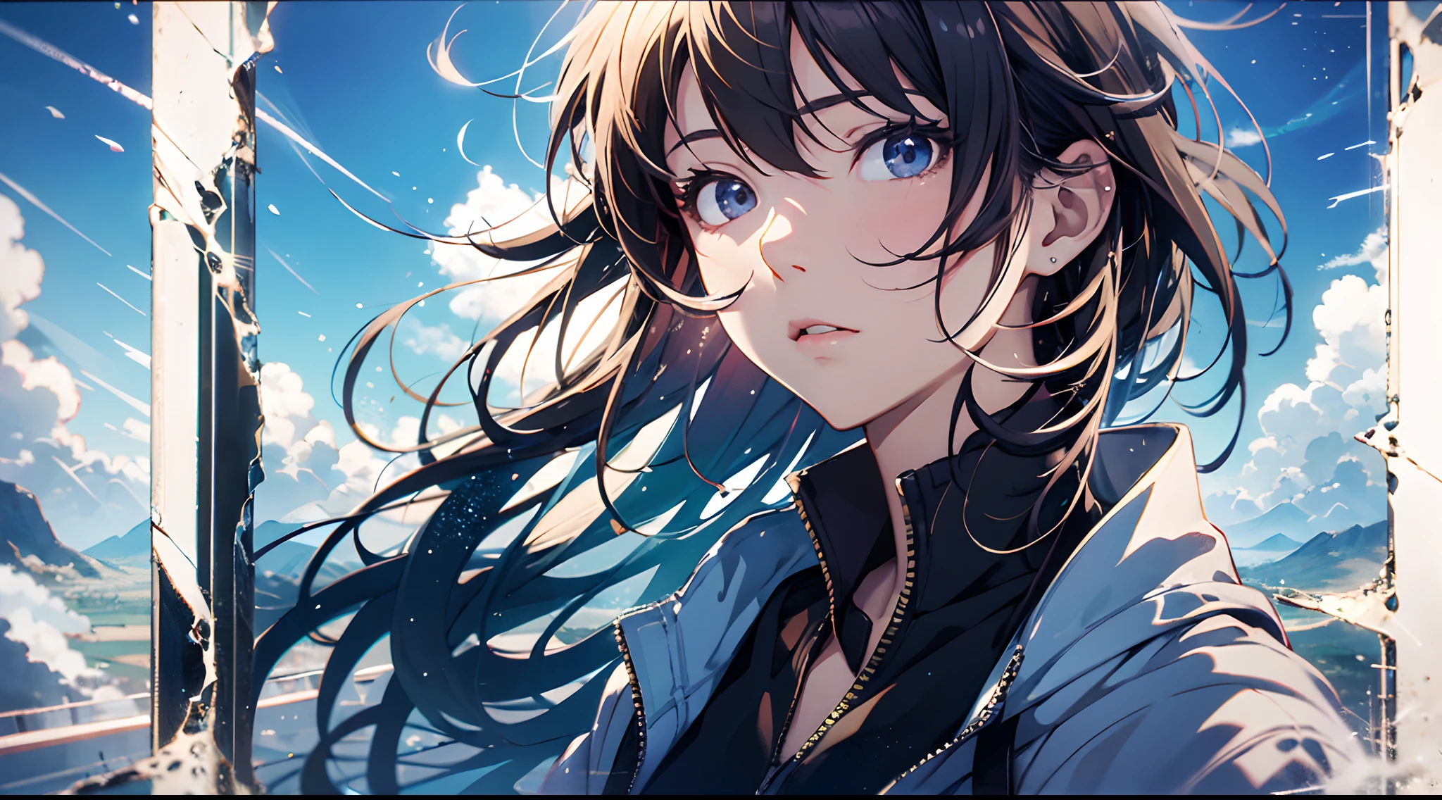 Makoto Shinkai, Anime, High quality, 4K, detailed detail, High quality, Masterpiece, absurdity, High resolution, (Art officiel, beautiful and aesthetic: 1.2), close-up view,
Sparkling Sky, vaste monde, fille, Regarder, Expression impressionnante, horizon lointain, nuage, Haute colline, natural beauty, inspiration, light effect, Plan large, de loin,