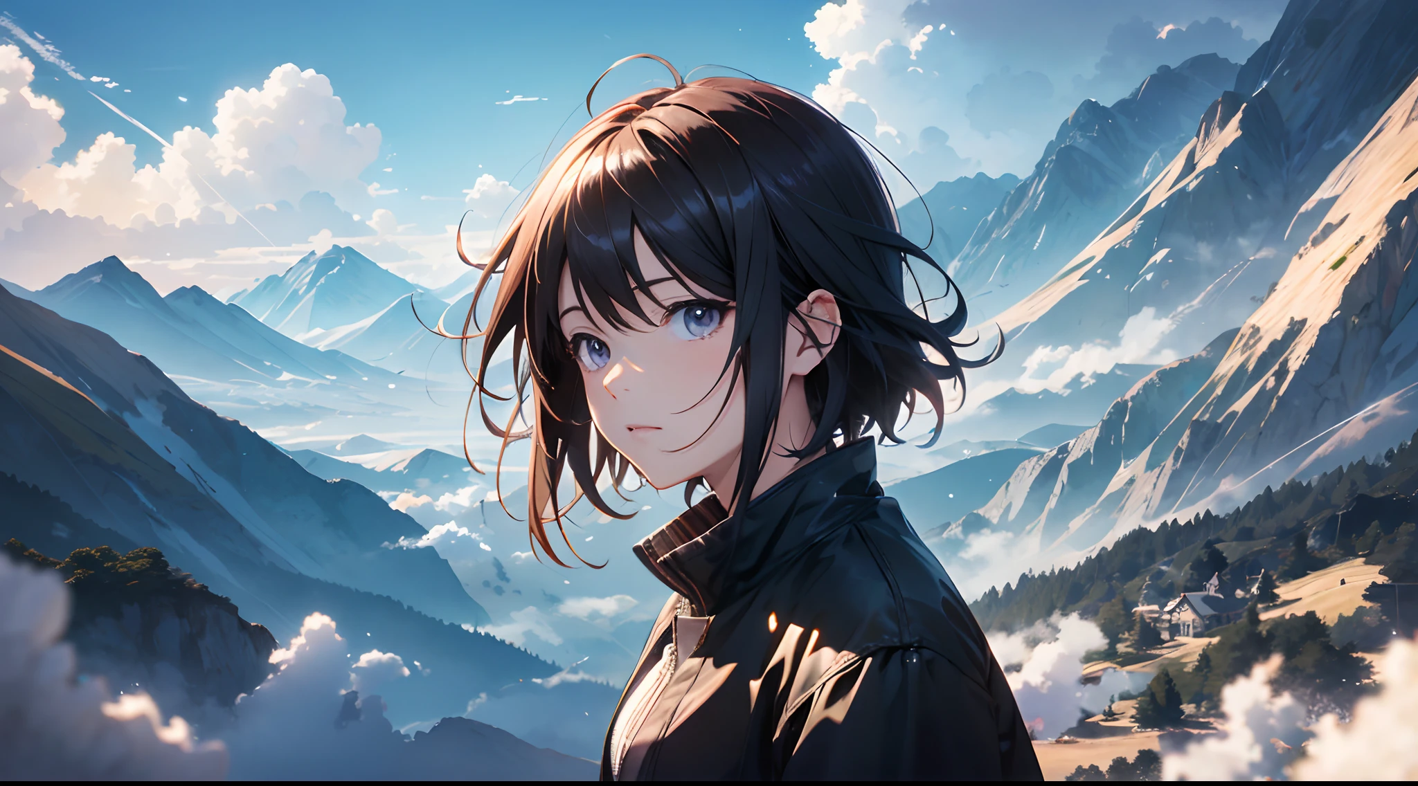Makoto Shinkai, Anime, High quality, 4K, detailed detail, High quality, Masterpiece, absurdity, High resolution, (Art officiel, beautiful and aesthetic: 1.2), close-up view,
Sparkling Sky, vaste monde, fille, Regarder, Expression impressionnante, horizon lointain, nuage, Haute colline, natural beauty, inspiration, light effect, Plan large, de loin,