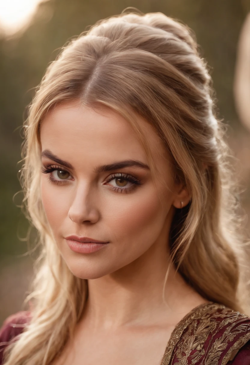 godess, face of carmen electra, woman around 26 years old, blonde, distinctive brown eyes, wearing kohl, slender and graceful, beautiful, candlelight in a medieval setting, ultra sharp focus, realistic shot, medieval female clothes, tetradic colors (scar:1.4)