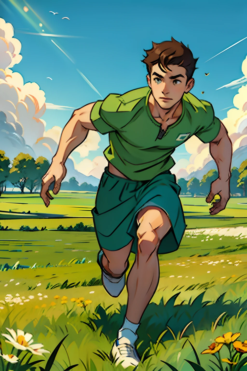 A young man, running across a field of green grass, with a small dog, background is a farm, mood is exciting, motivated, daytime light, character design.