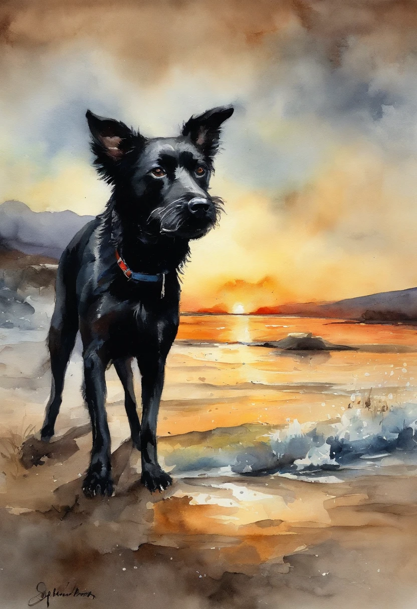 (obra-prima, mejor calidad),1black dog very close to camera Cheerful, en una playa al atardecer.