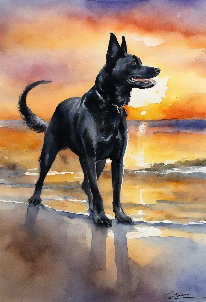 (obra-prima, mejor calidad),1black dog very close to camera Cheerful, en una playa al atardecer.