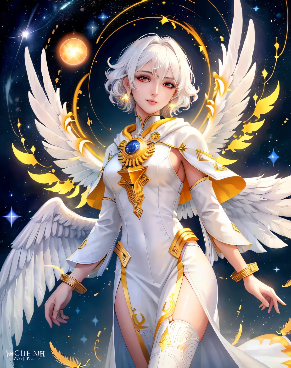 extremely detailed, hyper detailed, (PERFECT FACE), ((detailed eyes)) illustration, low lighting, 2d, intricate, detailed eyes, sexy, toned, (outside), White hair, red eyes. Surrounded by yellow, black and green nebulae, stars, sidereal winds and planets. ((extremely realistic shadows, masterpiece, extremely detailed, photorealistic)). Goddess of light and day. (1 woman) (************), white and yellow Greek tunic, hood and cloak, short curly hair, very beautiful, optimal height, tight clothing, graceful body; beautiful face, cool and calm type of face with a cold smile wings, large wings of white plumage, white feathers.