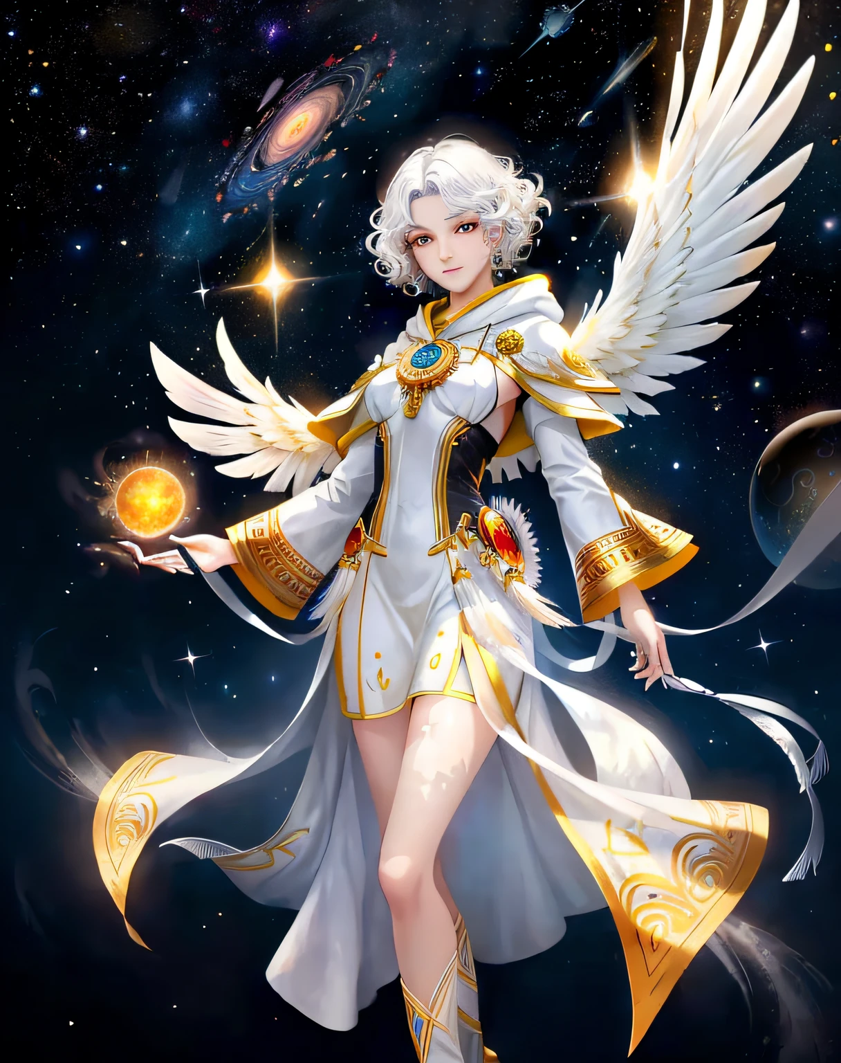 extremely detailed, hyper detailed, (PERFECT FACE), ((detailed eyes)) illustration, low lighting, 2d, intricate, detailed eyes, sexy, toned, (outside), White hair, red eyes. Surrounded by yellow, black and green nebulae, stars, sidereal winds and planets. ((extremely realistic shadows, masterpiece, extremely detailed, photorealistic)). Goddess of light and day. (1 woman) (************), white and yellow Greek tunic, hood and cloak, short curly hair, very beautiful, optimal height, tight clothing, graceful body; beautiful face, cool and calm type of face with a cold smile wings, large wings of white plumage, white feathers.