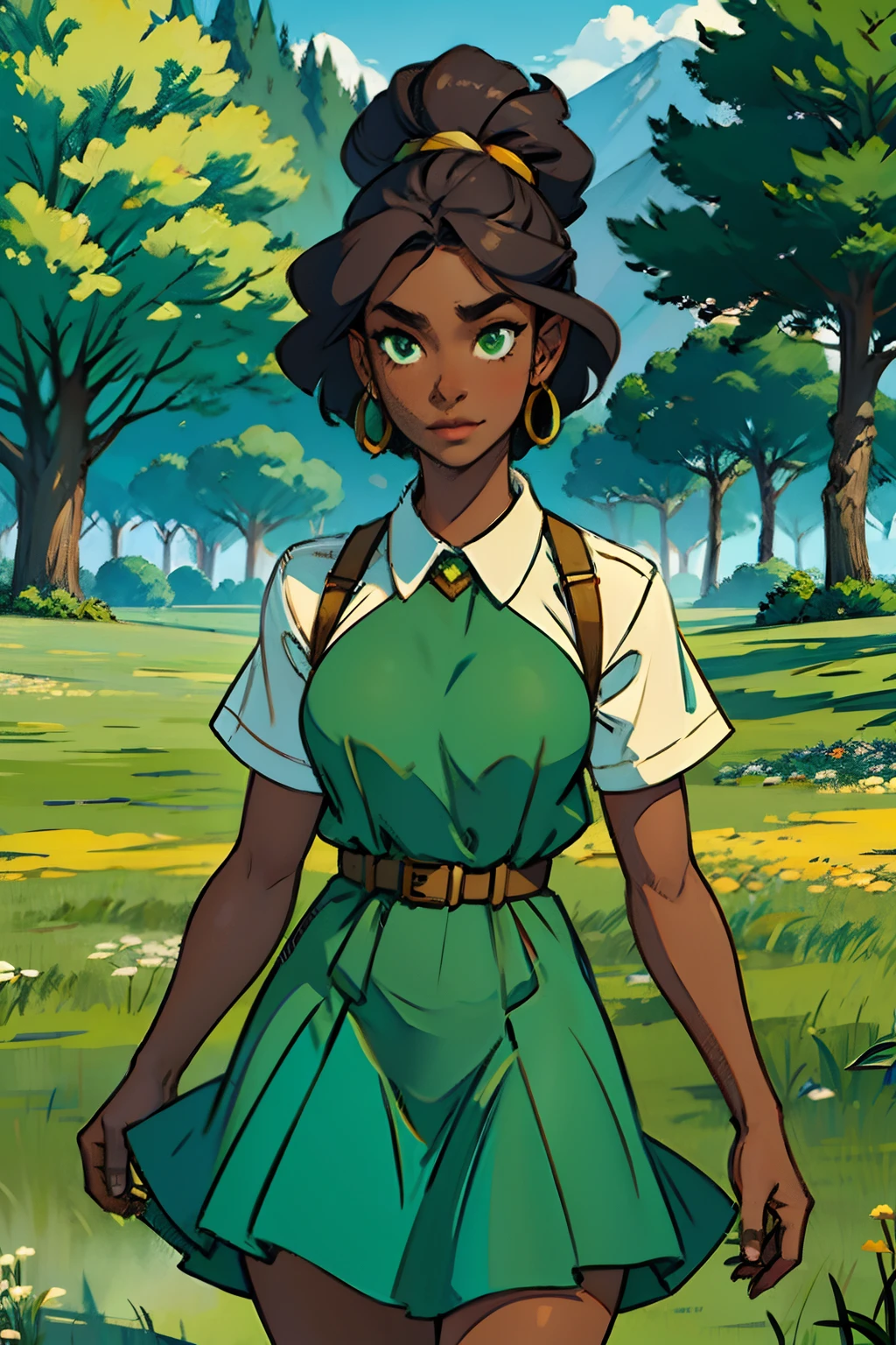 A dark skinned woman, looking through binoculars, background is open field of green grass, mood is harmonious, balanced, revealing, clear, obvious, character design.
