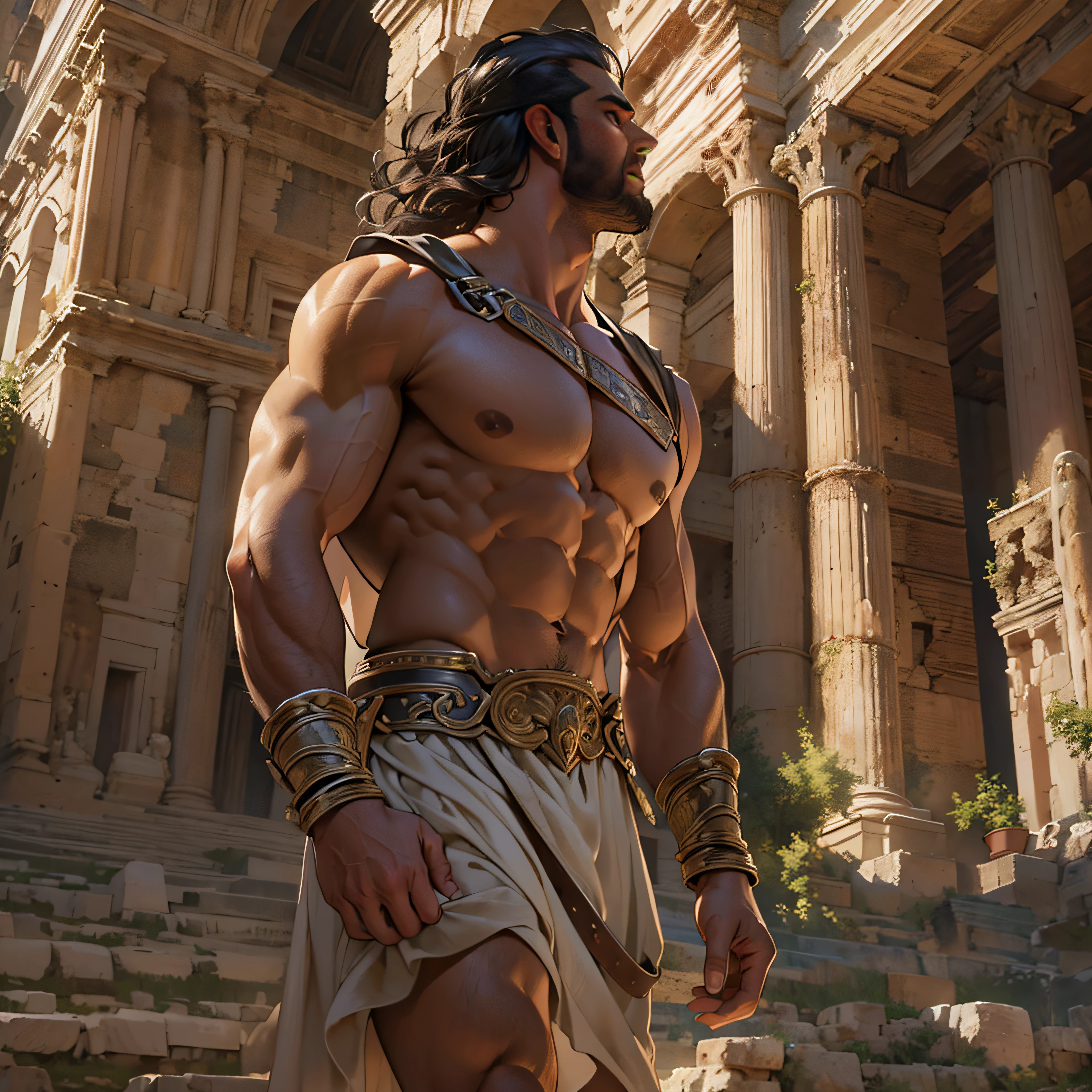 Herculean gladiator, bare chest, lower body revealed from thighs to feet, long curls cascading, meticulous muscle definition, photorealistic portrayal, 4K quality. Background: Colosseum in ancient Rome,32k uhd, best quality, masterpiece, super detail, high details