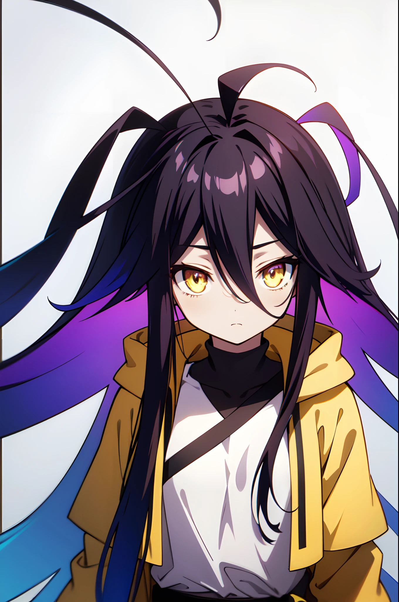 1girl, teen, solo, absurdly long hair, big hair, ahoge, hair bangs, hair between eyes, spiked hair, messy hair, (black hair, yellow hair, blue hair, gradient hair:1.2), neutral, inexpressive, (small breasts, ****:1.2), yellow eyes, loose coat, brown coat, long sleeves, arms behind back, pale skin, looking at viewer, standing, (upper body, face only), masterpiece, best quality, 4k