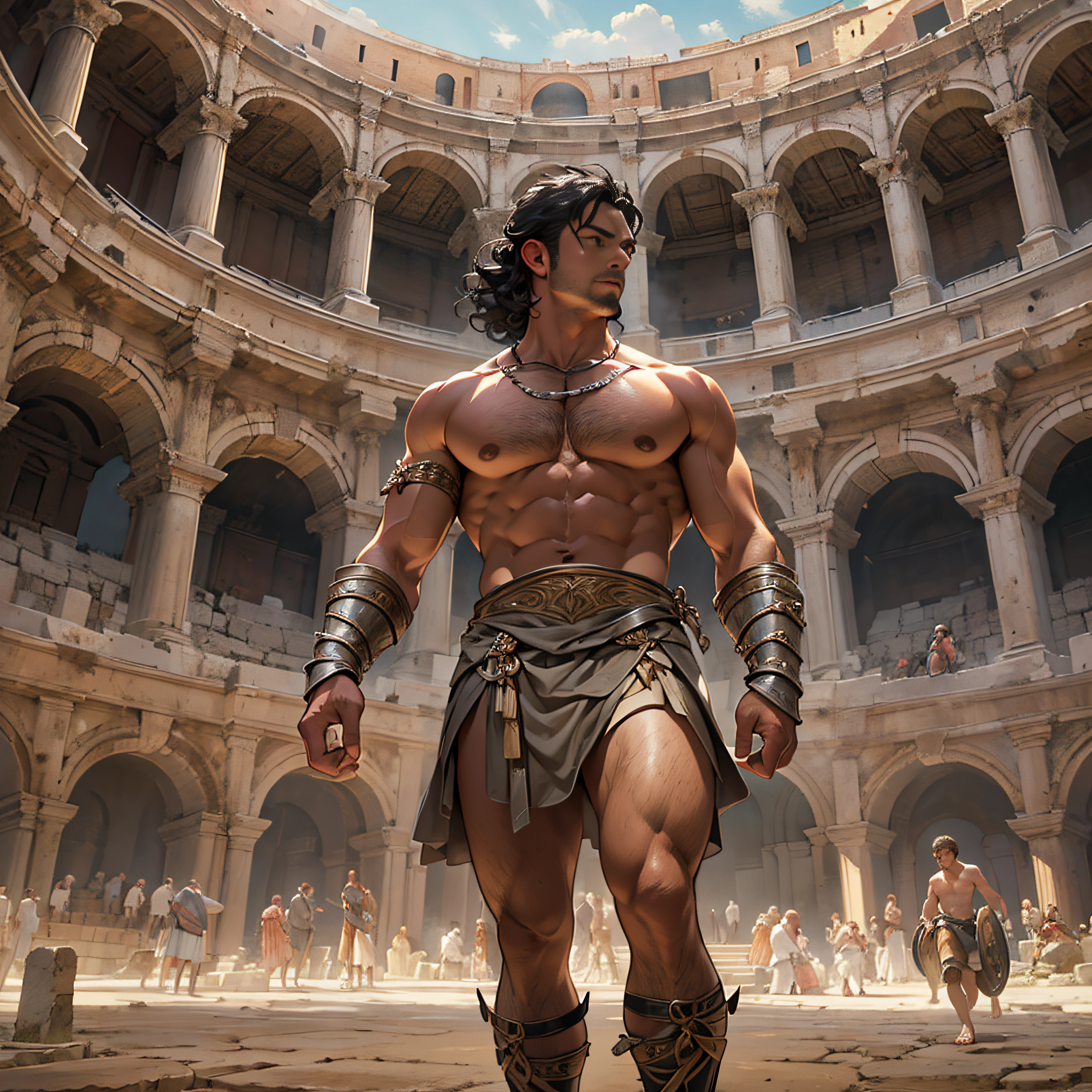 Herculean gladiator, bare chest, lower body revealed from thighs to feet, long curls cascading, meticulous muscle definition, photorealistic portrayal, 4K quality. Background: Colosseum in ancient Rome,32k uhd, best quality, masterpiece, super detail, high details