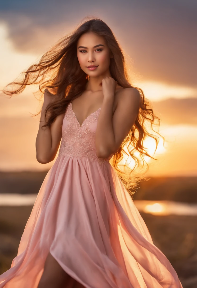 (highres:1.2) , 15 years old girl with long flowing hair, classy sexy dress ,early evening light,girl pulling up her hair,detailed face and expression,endless attention to hair details,soft and natural lighting,subtle bokeh,realistic portrayal of elegant classy sexy dress and accessories,crisp and vibrant colors,seemingly candid and natural pose,immersive and visually captivating setting,serene and dreamy ambiance,Landscape,portrait. glossy pink lips, Chinese teen an smiling eyes, small rounded eyes alluring huge happy smile, complete anatomy, full body