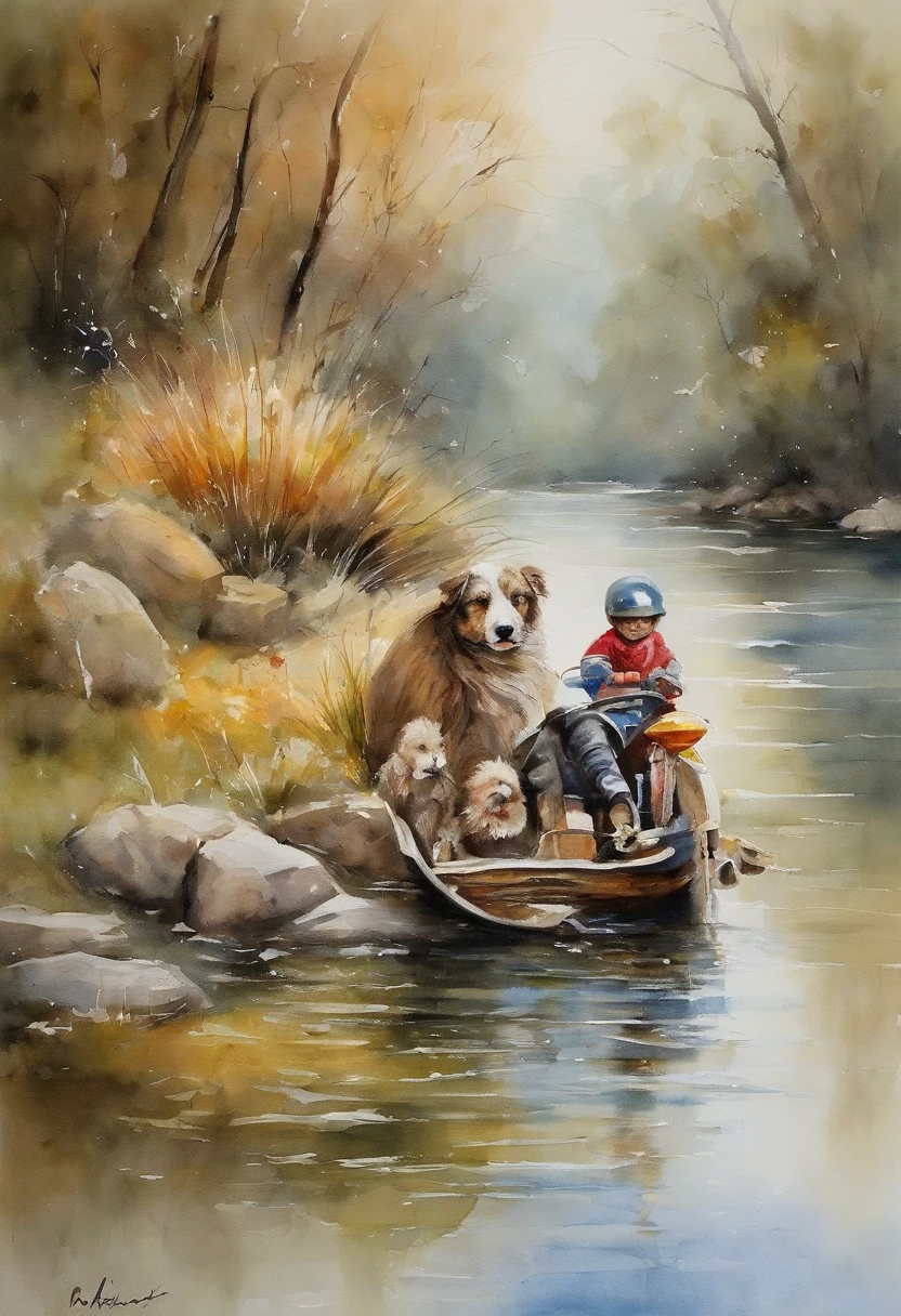 (obra-prima, mejor calidad),1un perro blanco subido en una moto como si estuviera conduciendo, A river landscape with ducks,