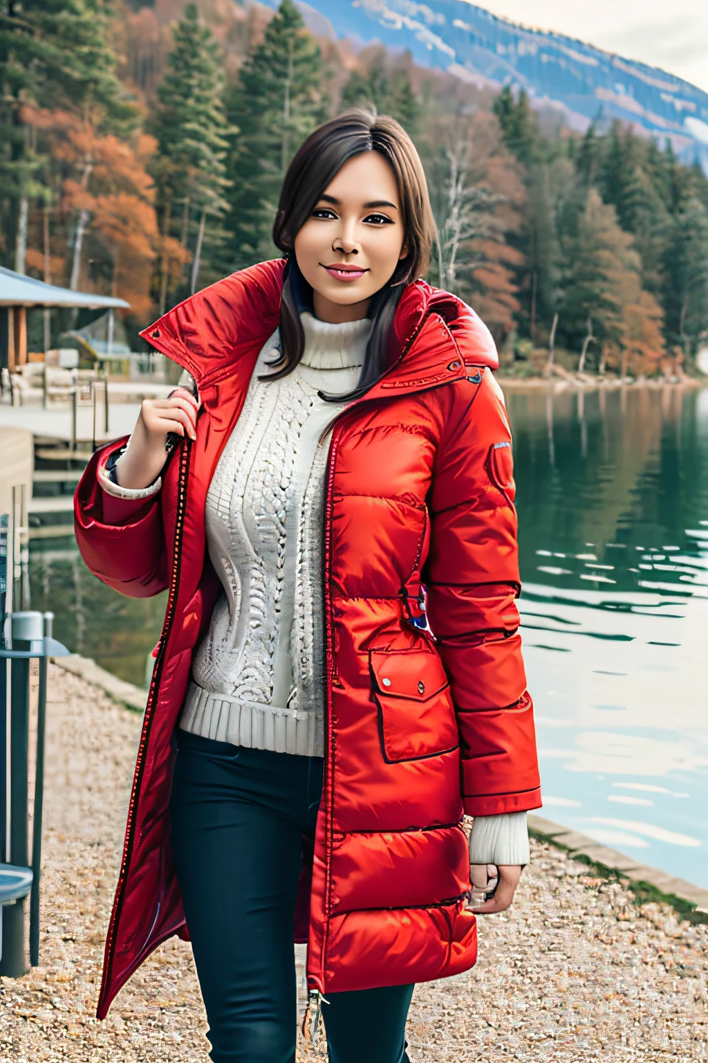 Make a woman with big breast, Red long winterjacket , with open zipper, with face, body, Lakeside house, travel bag, dog, Nude